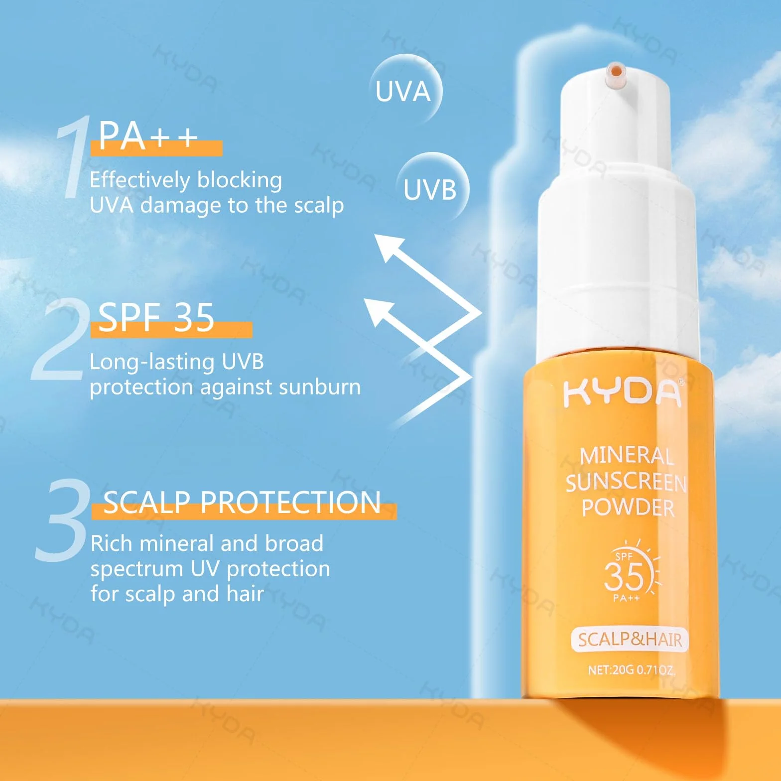 KYDA Polvere solare minerale, per cuoio capelluto e capelli, SPF 35 PA++, protezione solare per cuoio capelluto, protezione UV ad ampio spettro, leggera, non grassa, 20,1 g (02)