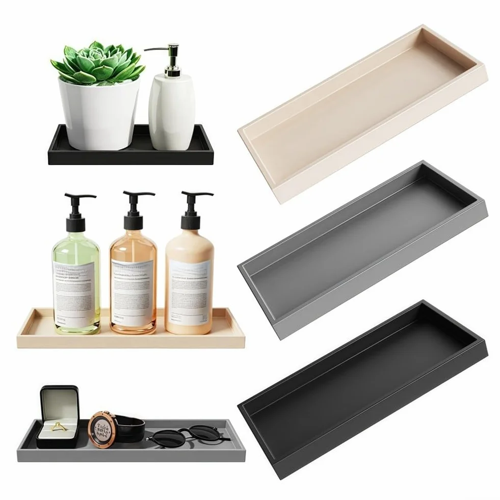 Vassoio da Bagno Rettangolare in Silicone Nero 30 x 12,5 cm Portaoggetti per Sapone Gioielli Profumi