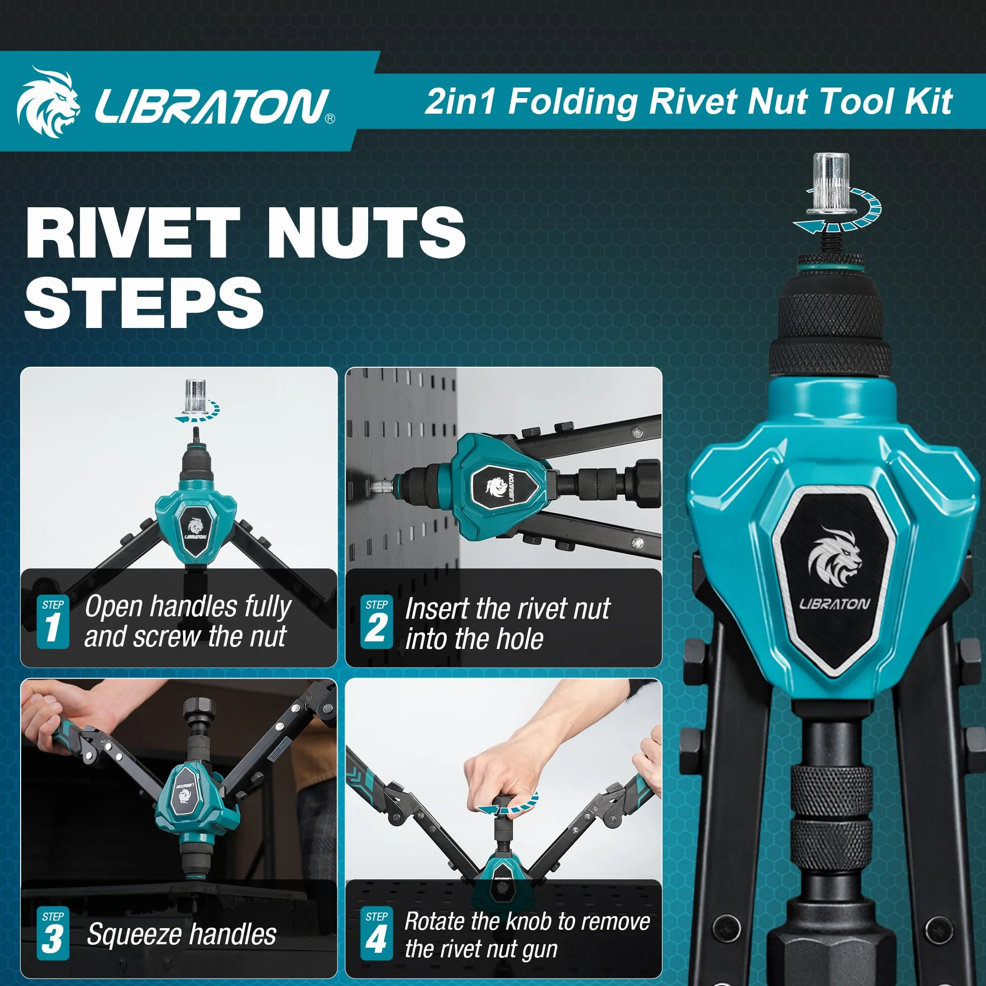 LIBRATON Rivettatrice Pieghevole 2 in 1 per Inserti Filettati, 7 Mandrini M3-M12, 5 Teste 2.4-6.4mm, 70 Inserti 200 Rivetti