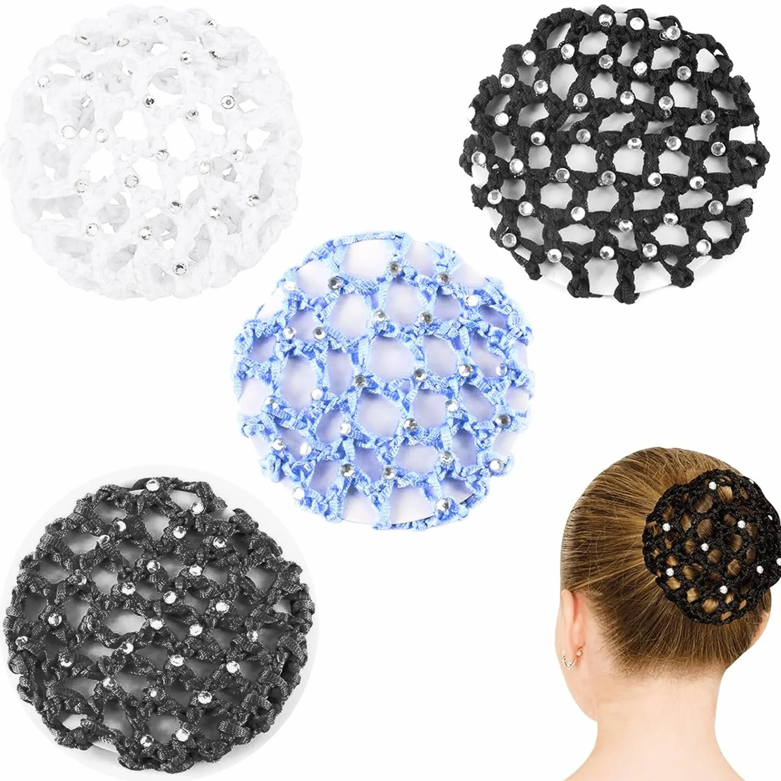4 Pezzi Retina per Chignon Bambina e Donna, Retine per Capelli Chignon per Danza Classica e Pattinaggio, Accessori Capelli Elastici in 4 Colori (Nero, Bianco, Blu, Grigio Scuro)