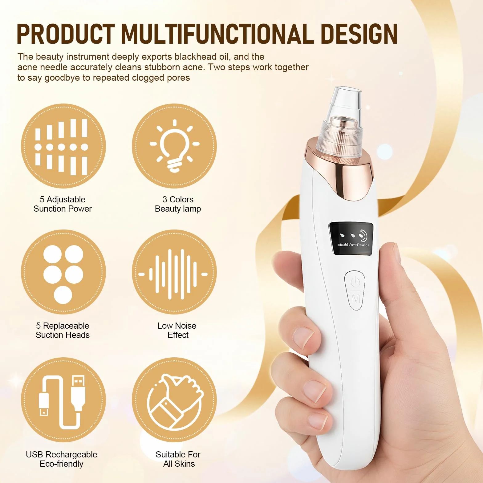 Aspiratore Punti Neri Professionale,Pulitore per Pori con 3 Livelli di Aspirazione e 4 Testine,Elettrico Comedone per Pulizia Viso e Rimozione Pori,Blackhead Remover Vacuum, per Tutti i Tipi di Pelle