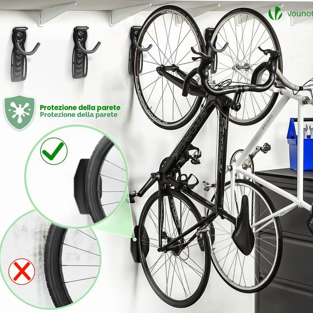 VOUNOT® 4 Pezzi Supporto per Biciclette da Parete Pieghevole, Portabici da Muro Salvaspazio con Cuscinetti, Gancio Appendere Verticale per Garage Cantina Shed, Nero