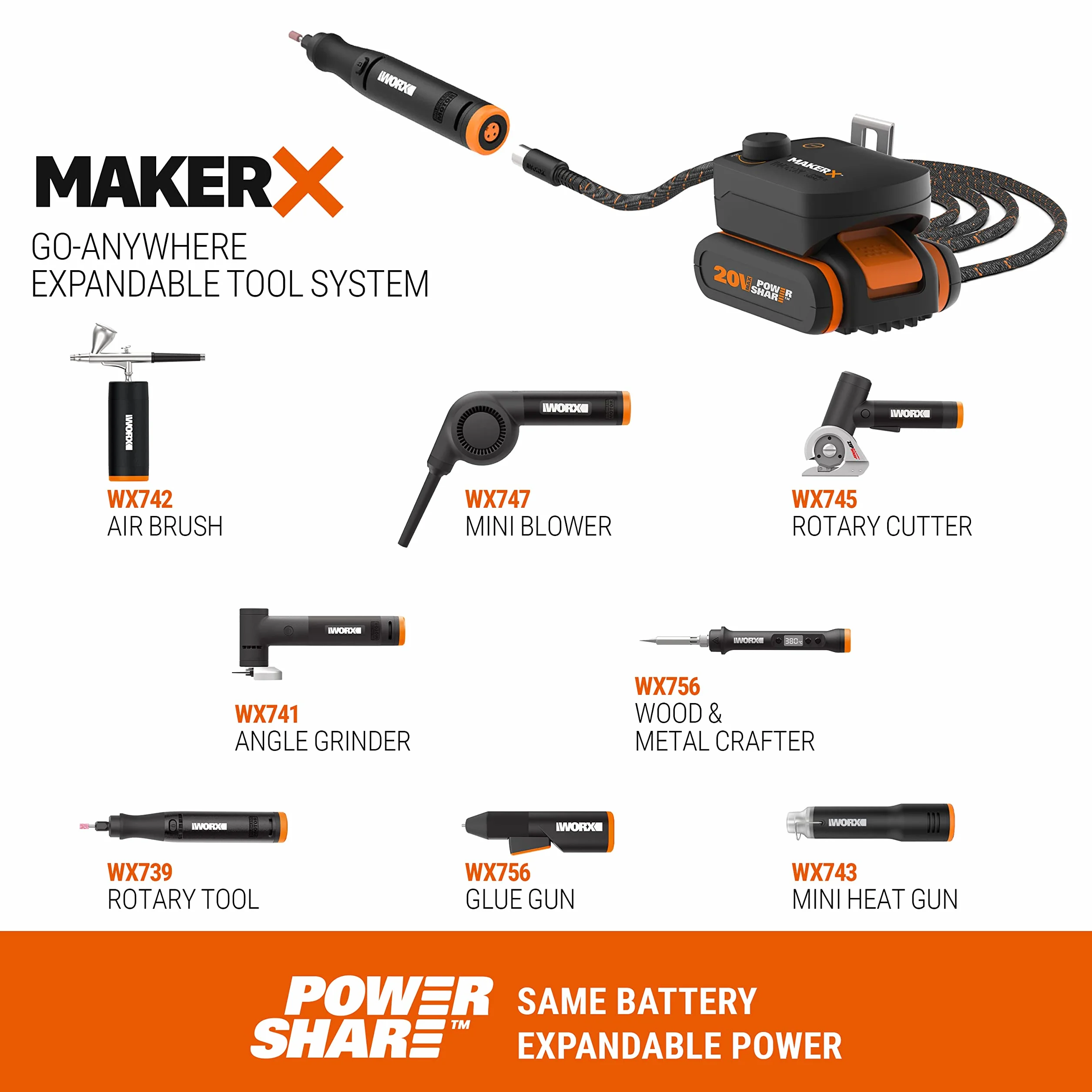WORX MakerX WX739.9 Utensile multifunzione a batteria 18V 20V max motore brushless rotativo smerigliatura lucidatura taglio trapano Powershare