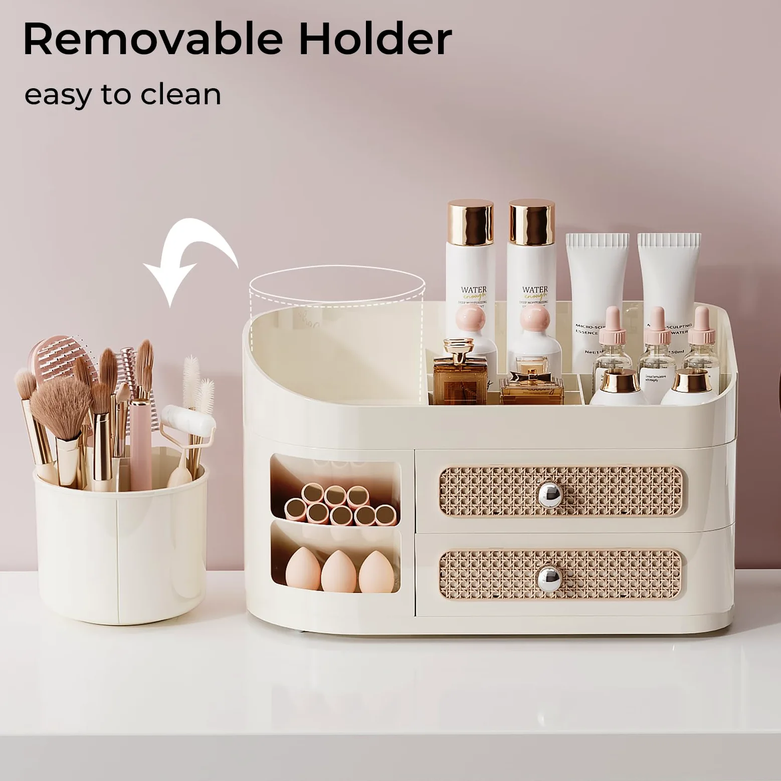 UFORU Organizer per trucchi da toeletta con porta pennelli rotante, organizer per la cura della pelle con 2 cassetti, spaziosa vetrina per profumi, palette di ombretti, smalti per unghie