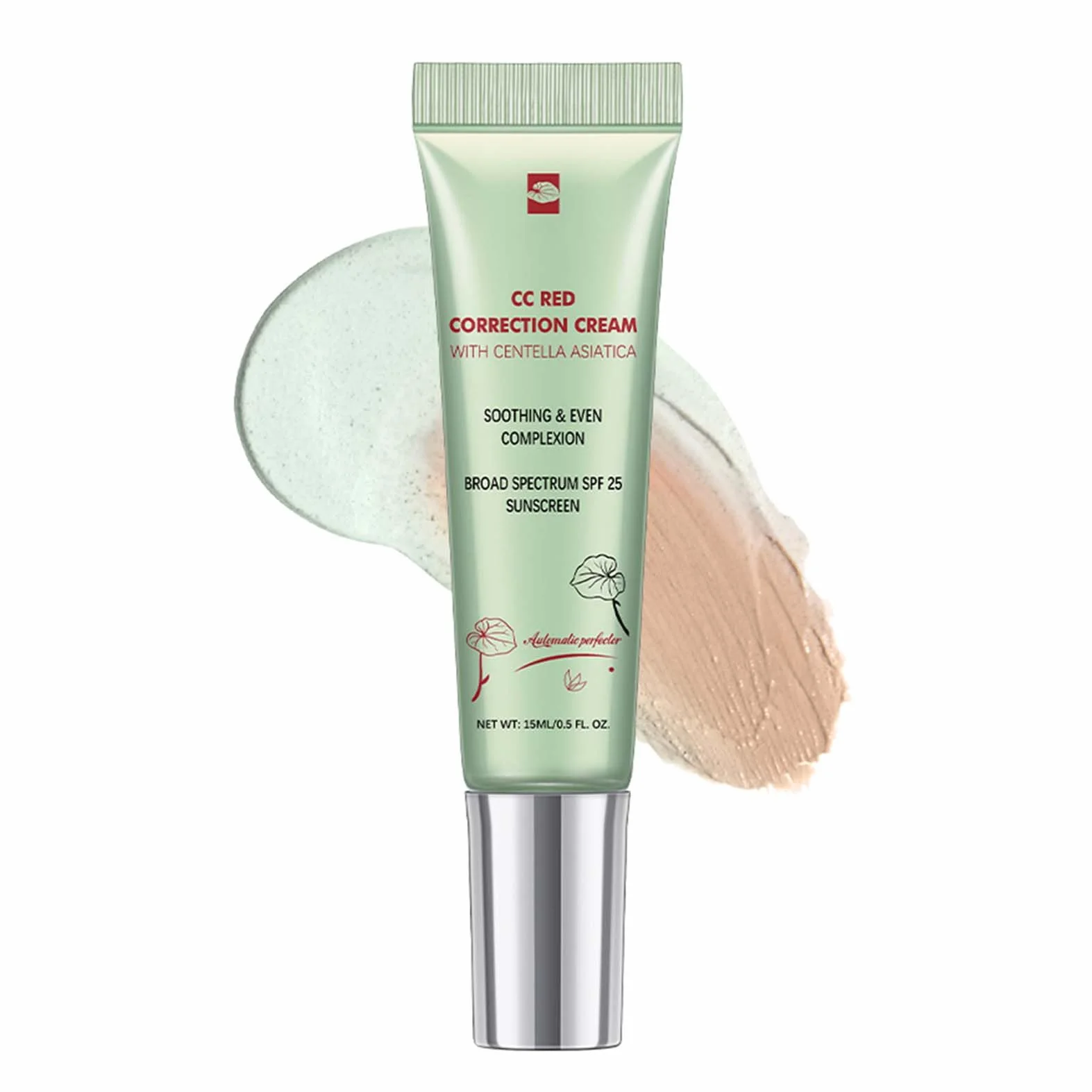 Crema CC Red Correct, CC Cream contro rossori con Centella Asiatica, fondotinta coreano con SPF 25, correttore full cover con effetto calmante per un naturale uniformità per tutti i tipi di pelle