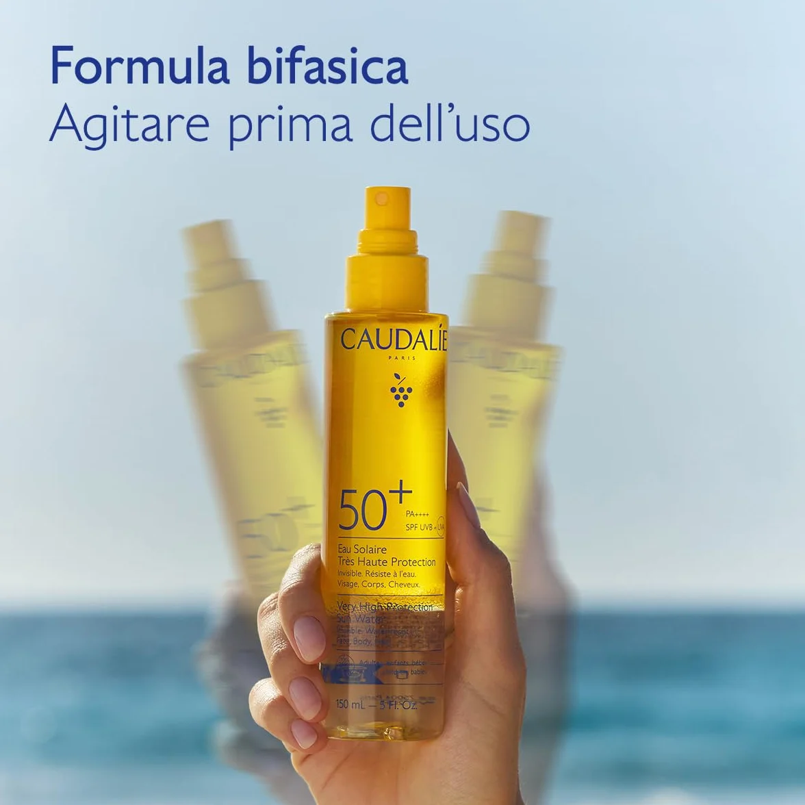 Caudalie Acqua Solare ad Altissima Protezione SPF50+ – CollagenSkinProtect™, Filtri Solari Organici, Viso Corpo e Capelli, Resistente all'Acqua, Vegano, PA++++, 150 mL