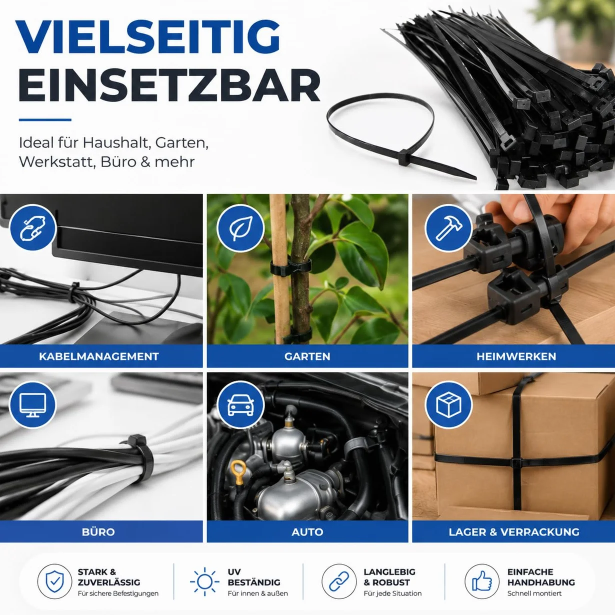 Set di 100 fascette stringicavo nero resistenti agli strappi e ai raggi UV 150 mm x 3,6 mm