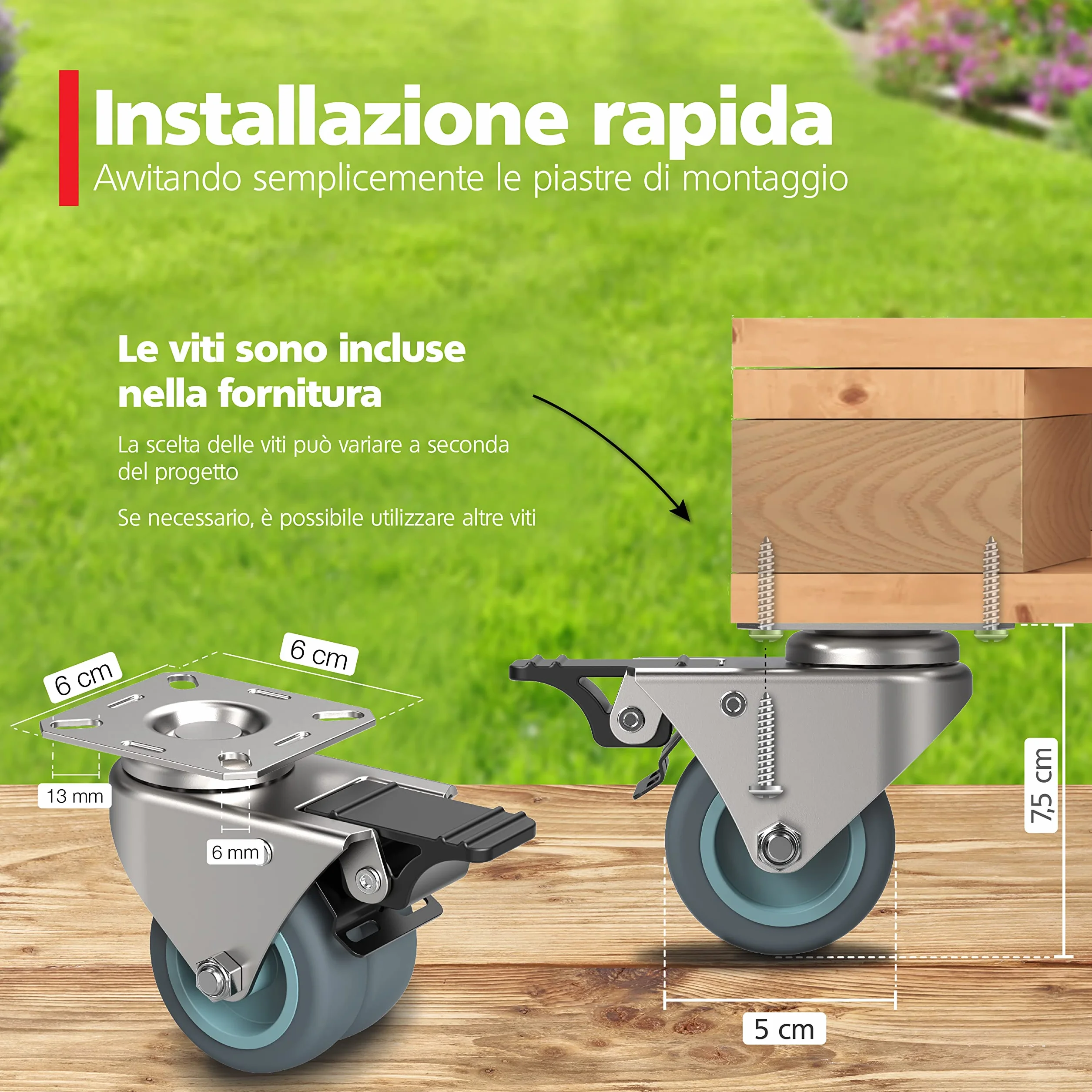 RAVN HAMAN Ruote pivottanti per mobili 50 mm con freno 100 kg - Set di 4 rotelle industriali carichi pesanti