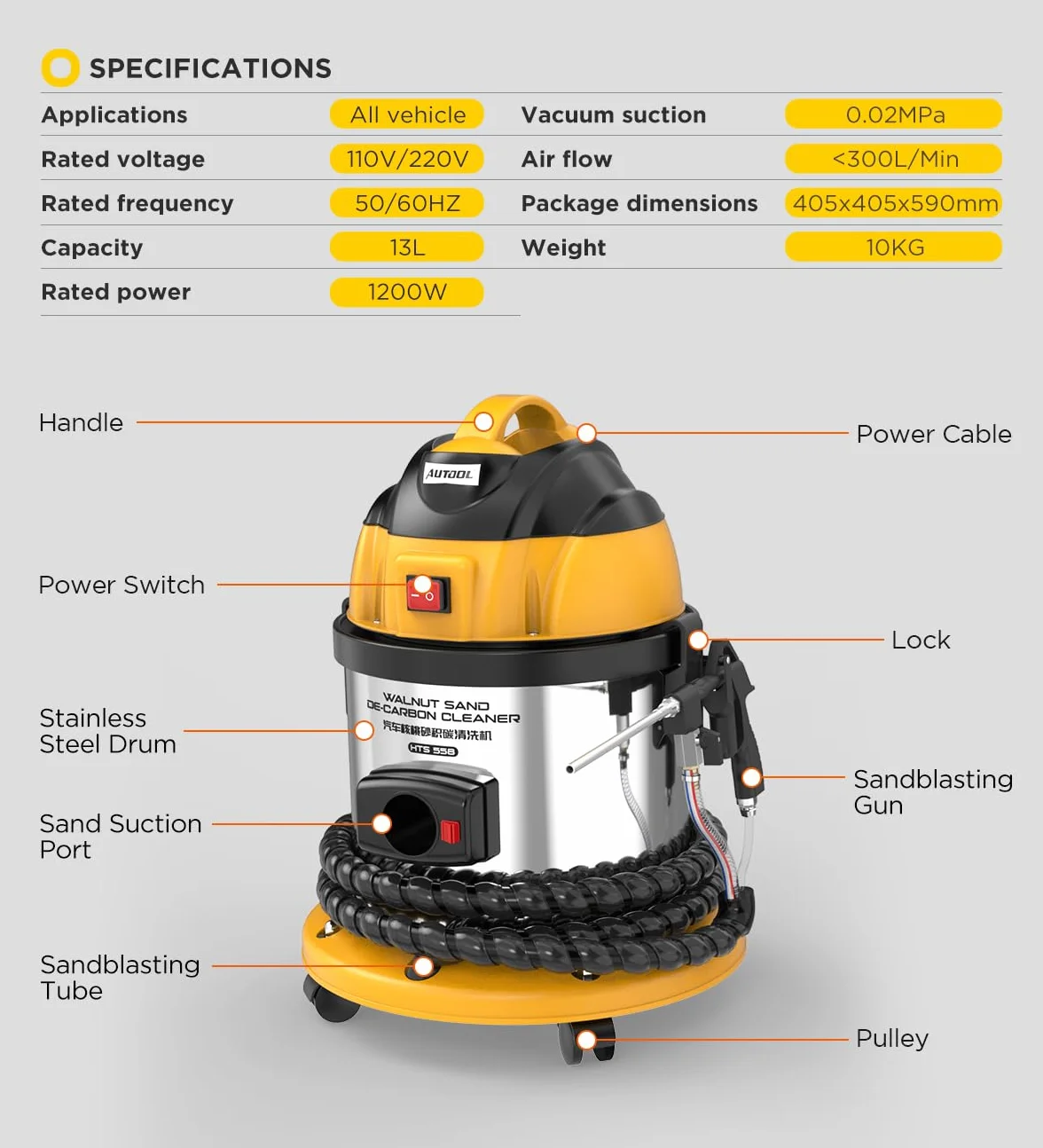 AUTOOL HTS558 Sabbiatrice di Noce, Macchina Pulizia Valvola Aspirazione Motore 220 V 23 Adattatori