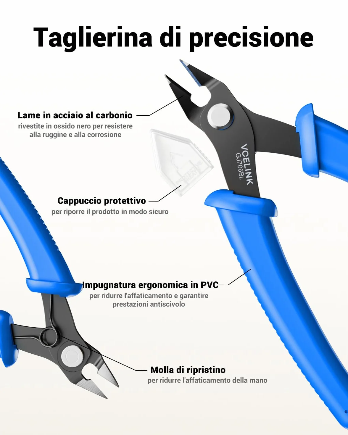 VCELINK Tronchese Diagonali di Precisione per Filo di Rame 0-1,2 mm Blu