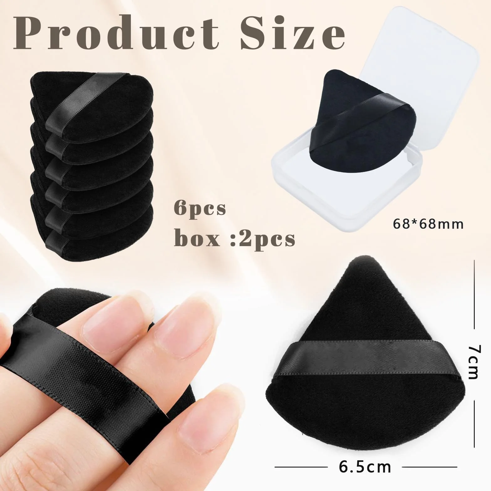 Mezrkuwr Confezione da 6 nappe triangolari per cipria con 2 custodie da viaggio, nappa per cipria e fondotinta, morbido velluto per polvere sciolta, colore nero