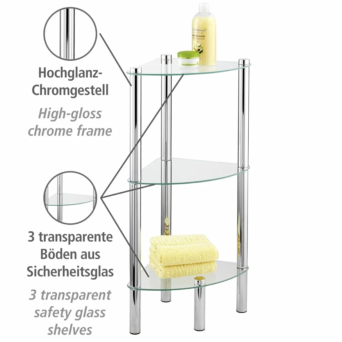 WENKO Exclusiv scaffale angolare Yago 3 ripiani in vetro 30 x 74 x 30 cm Cromo