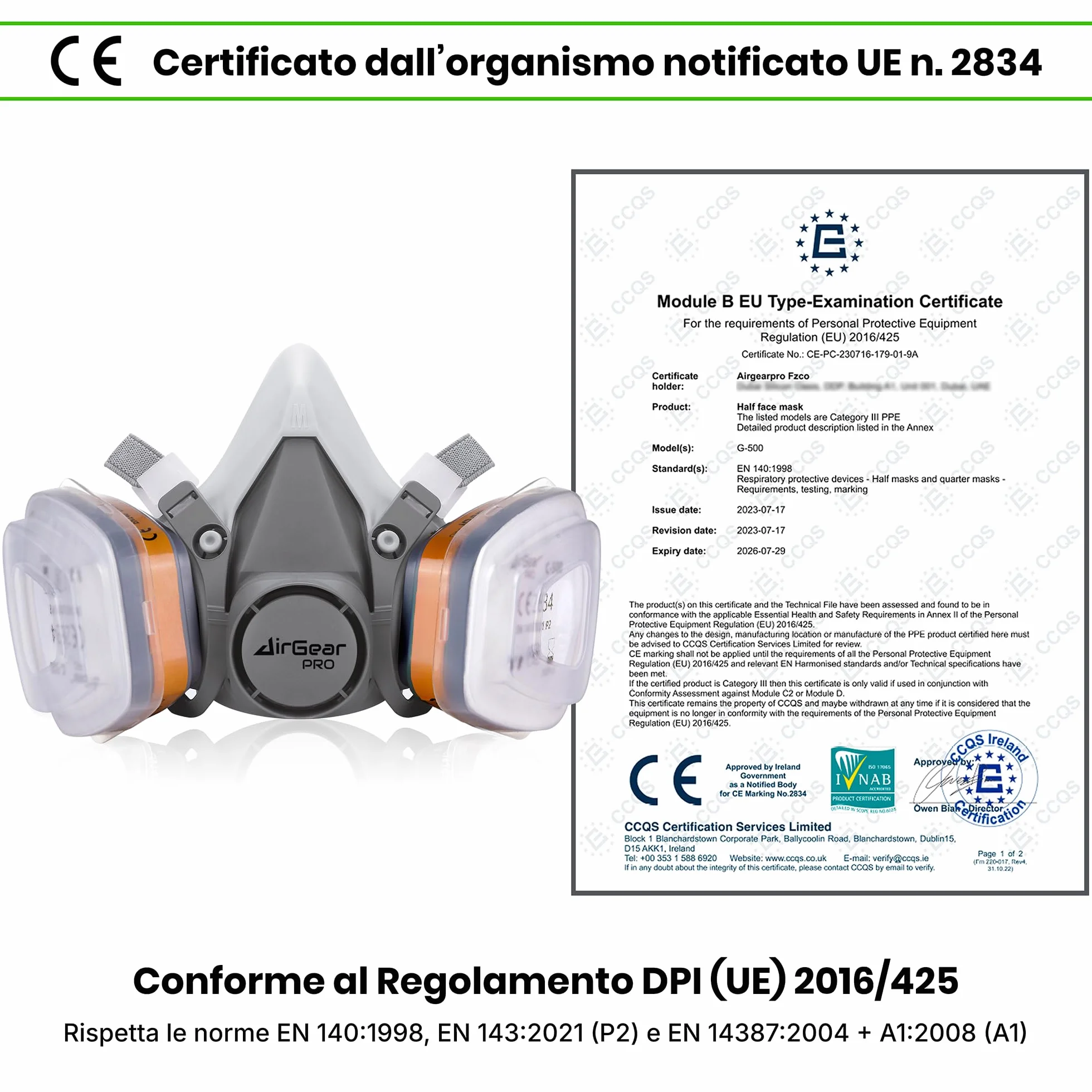 M-500 Maschera Antigas Antipolvere Riutilizzabile con Filtri AirGearPro