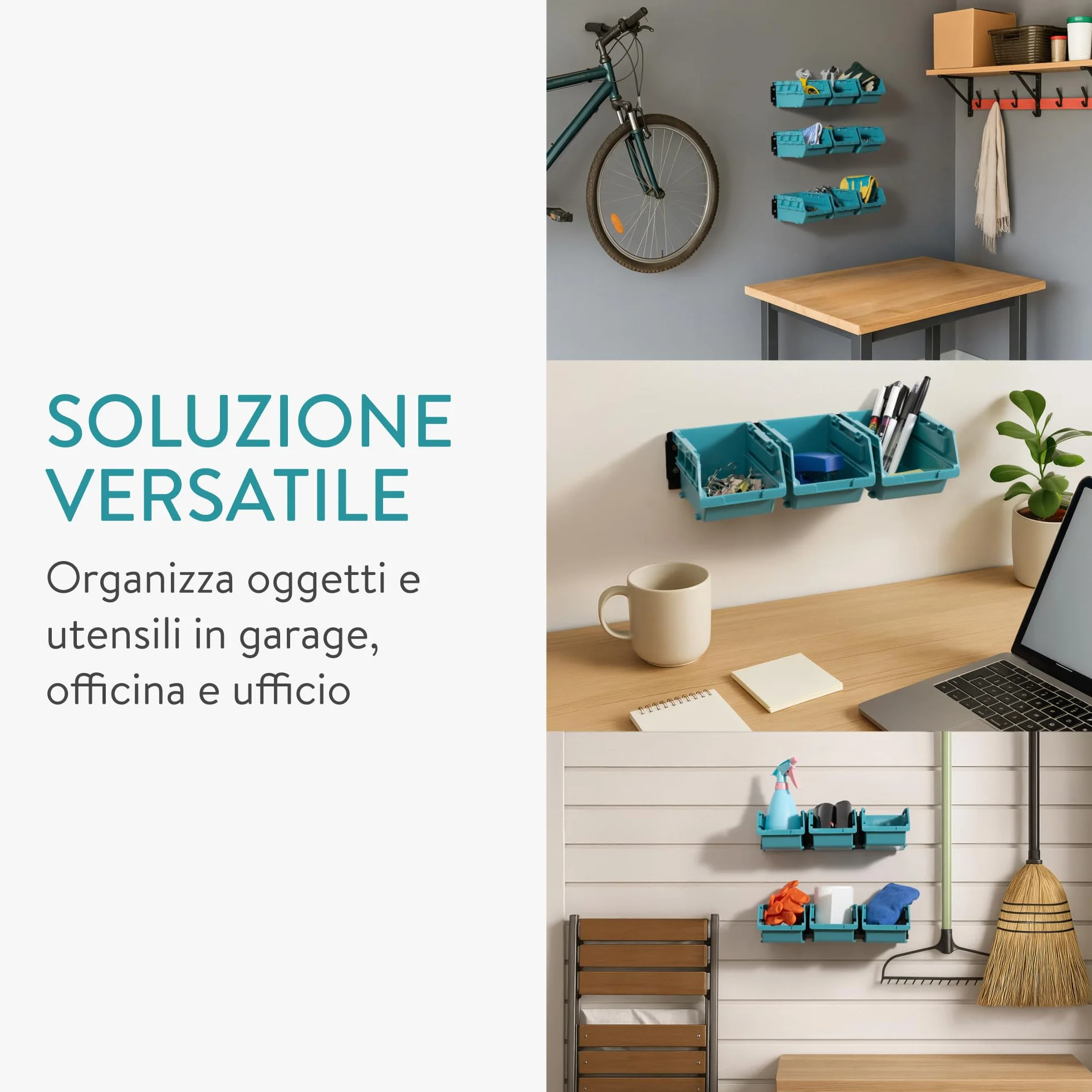 Navaris Contenitori Impilabili e Pannello Porta Attrezzi da Parete - Set di 12 Organizer Portautensili e 4 Binario