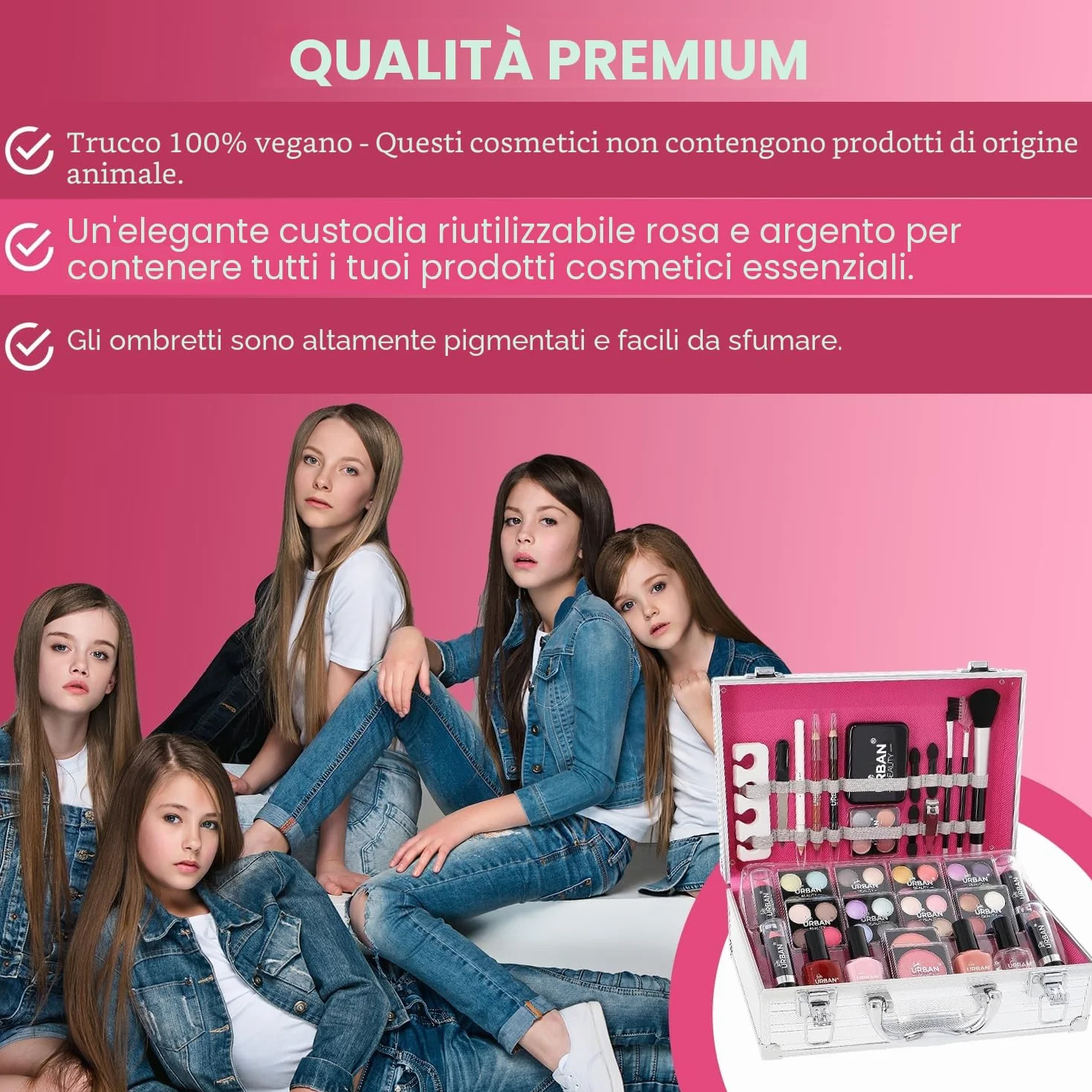 LOVE URBAN BEAUTY Trousse per trucchi – Set trucco da 64 pezzi per adolescenti – Elegante scatola d'argento – Design compatto e leggero – Set trucco da donna adatto ai viaggi