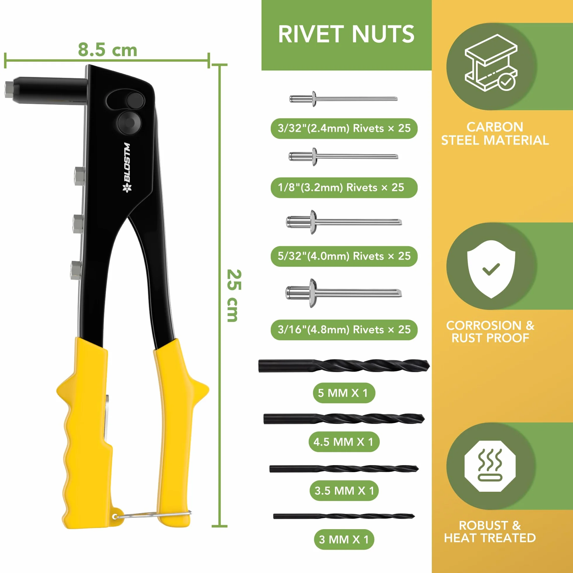 BLOSTM Kit Rivettatrice a Pop 100 Rivetti 4 Misure 2,4-4,8 mm Pistola Rivetti Manuale per Metallo