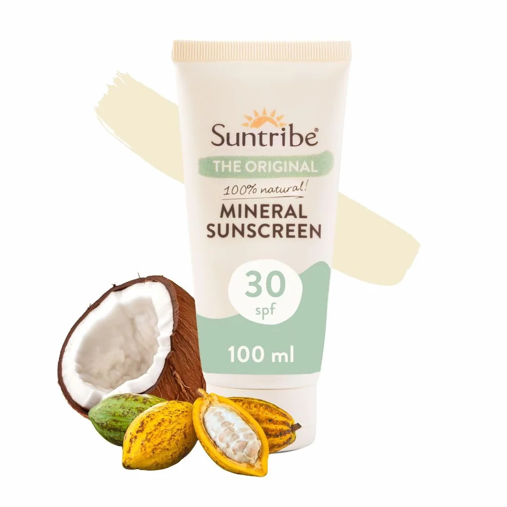 Crema Solare Naturale Minerale FPS 30 Suntribe - 100 ml, Tinta, Biologica - 100% Naturale & Sicura per i Coralli, Non-Nano Ossido di Zinco, Resistente all'Acqua - Vincitore Beauty Shortlist Awards