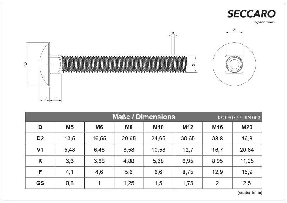 SECCARO Vite M8 x 70 mm testa tonda piatta inserto quadrato in acciaio inox V2A A2 DIN 603 ISO 8677 20 sztuk