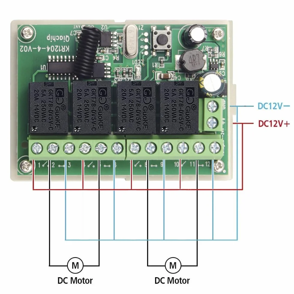QIACHIP Bezprzewodowy zdalny przełącznik sterowania DC 12V 24V 4CH 10A 433MHz 4-kanałowy odbiornik przekaźnika z 2 nadajnikami RF