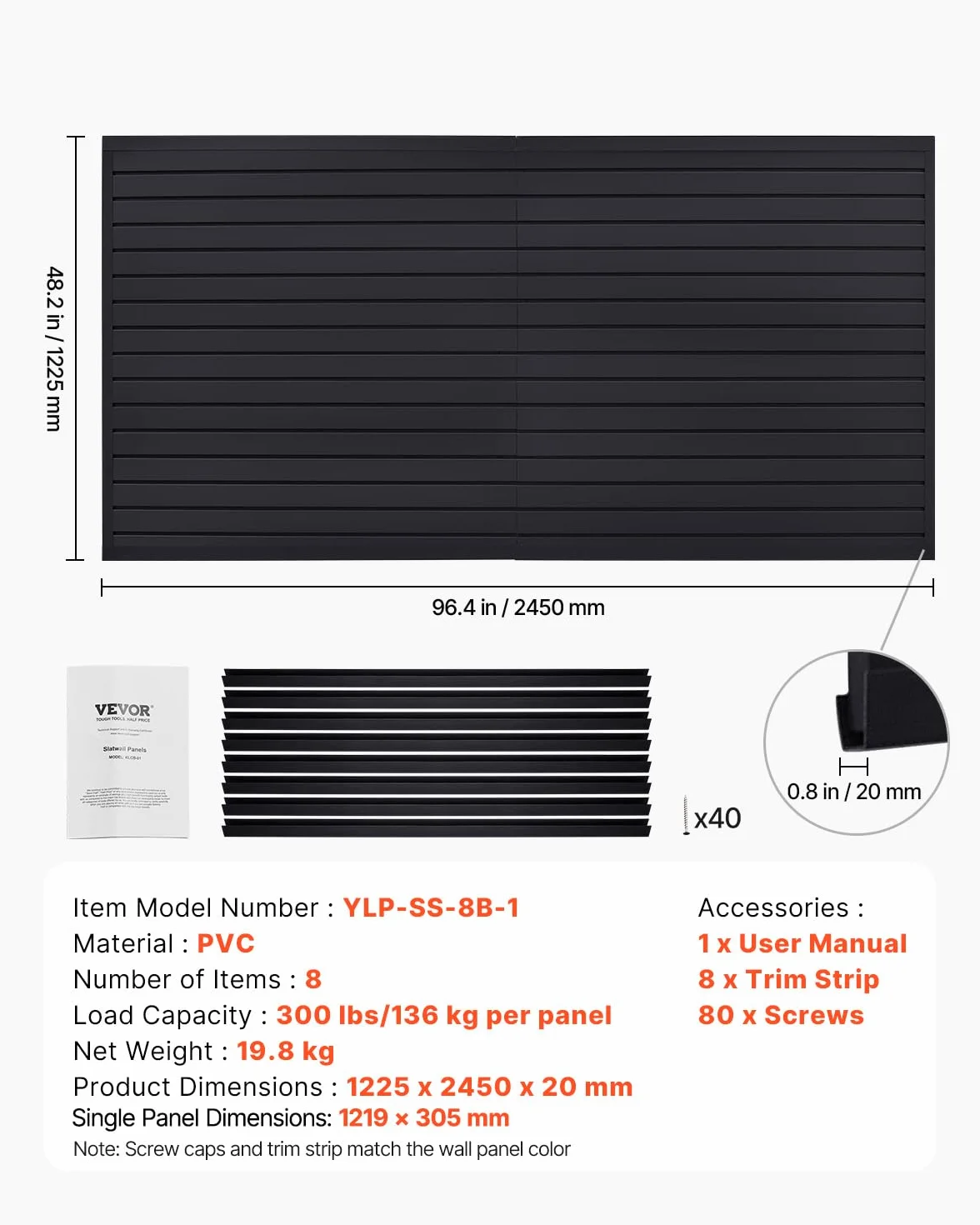 VEVOR Pannelli per Pareti a Doghe Modulari Regolabili, Nero 1225 x 2450 x 20 mm