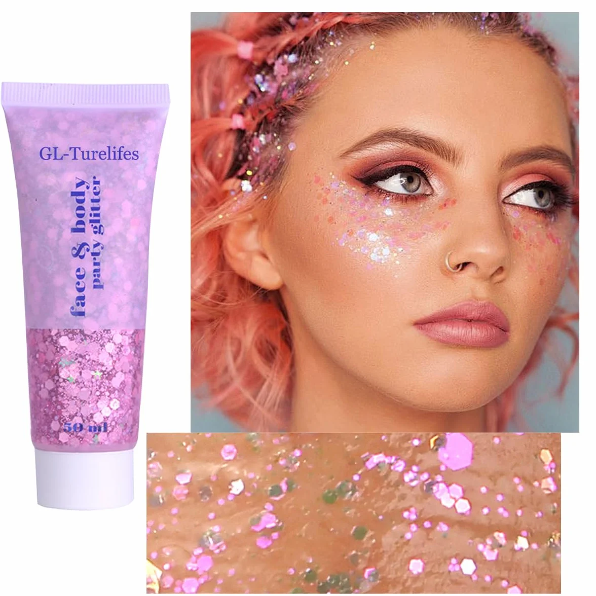 Gel per il corpo, Mardi Gras Face Glitter Make up, scintillanti glitter per capelli grossi, cantanti concerti festival, accessori rave sirena glitter per il viso (#03 rosa)