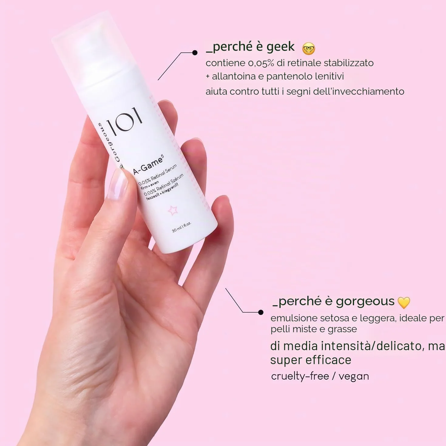 Geek & Gorgeous A-Game 5-0 Siero Retinolo Viso 0,05% - Siero Retinolo Viso Anti-Invecchiamento, Setoso e Leggero - Per Tutti i Tipi di Pelle, Ideale per Pelle Mista e Grassa, 30ml