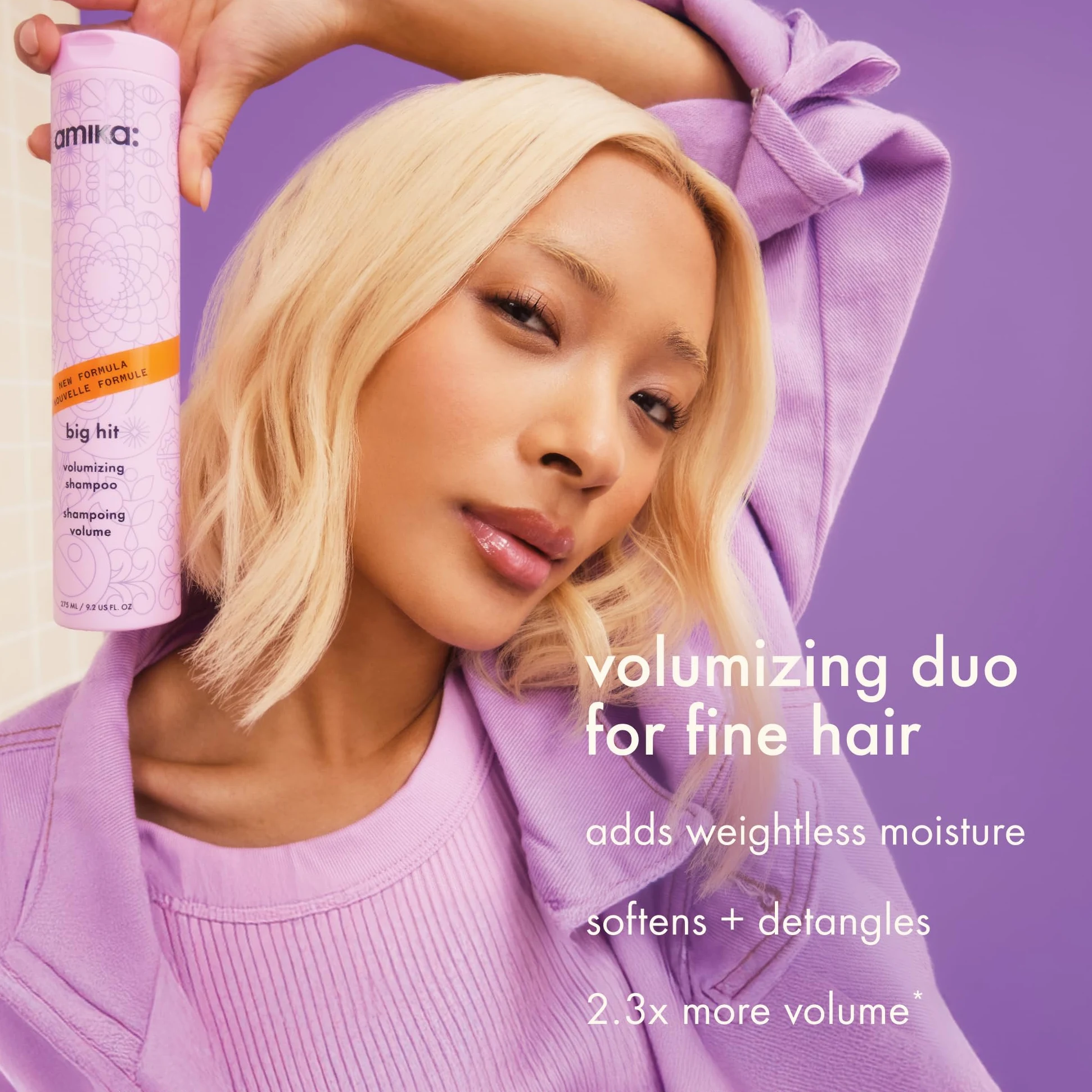amika Big Hit Volumizing Shampoo 275 ml, shampoo volumizzante per capelli fini e medi, volume immediato e duraturo, più pienezza e forza senza appesantire, con caffeina e glicerina, vegano