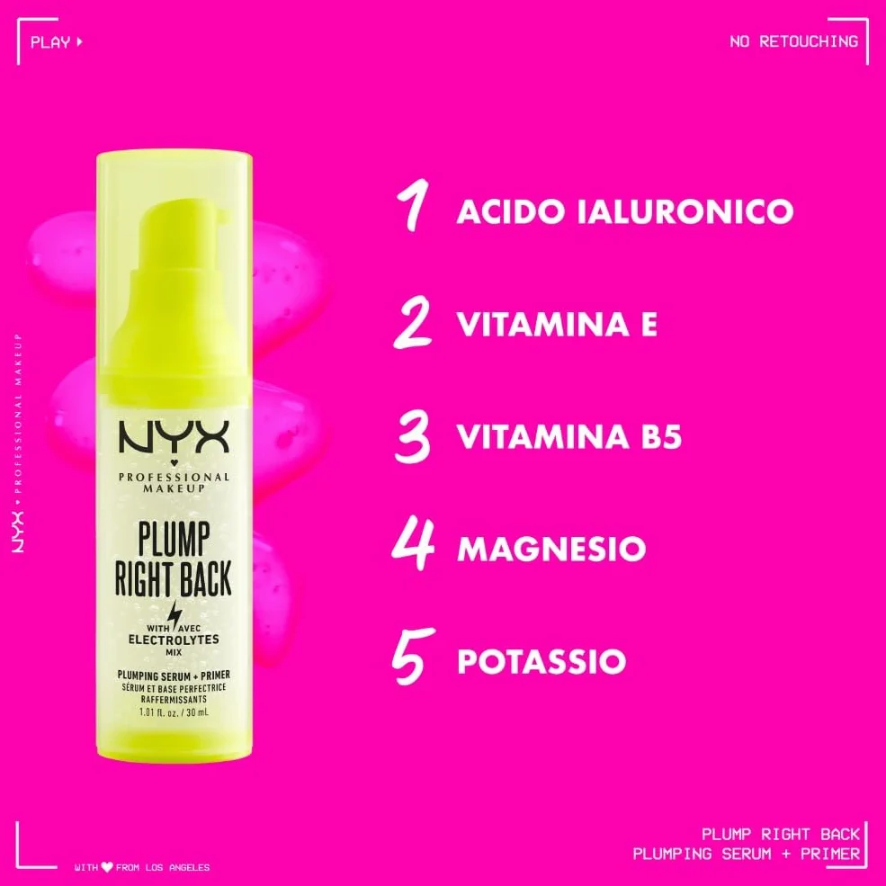 NYX Professional Makeup Plump Right Back Primer & Siero, Con Elettroliti, Formula Vegana, 30ml