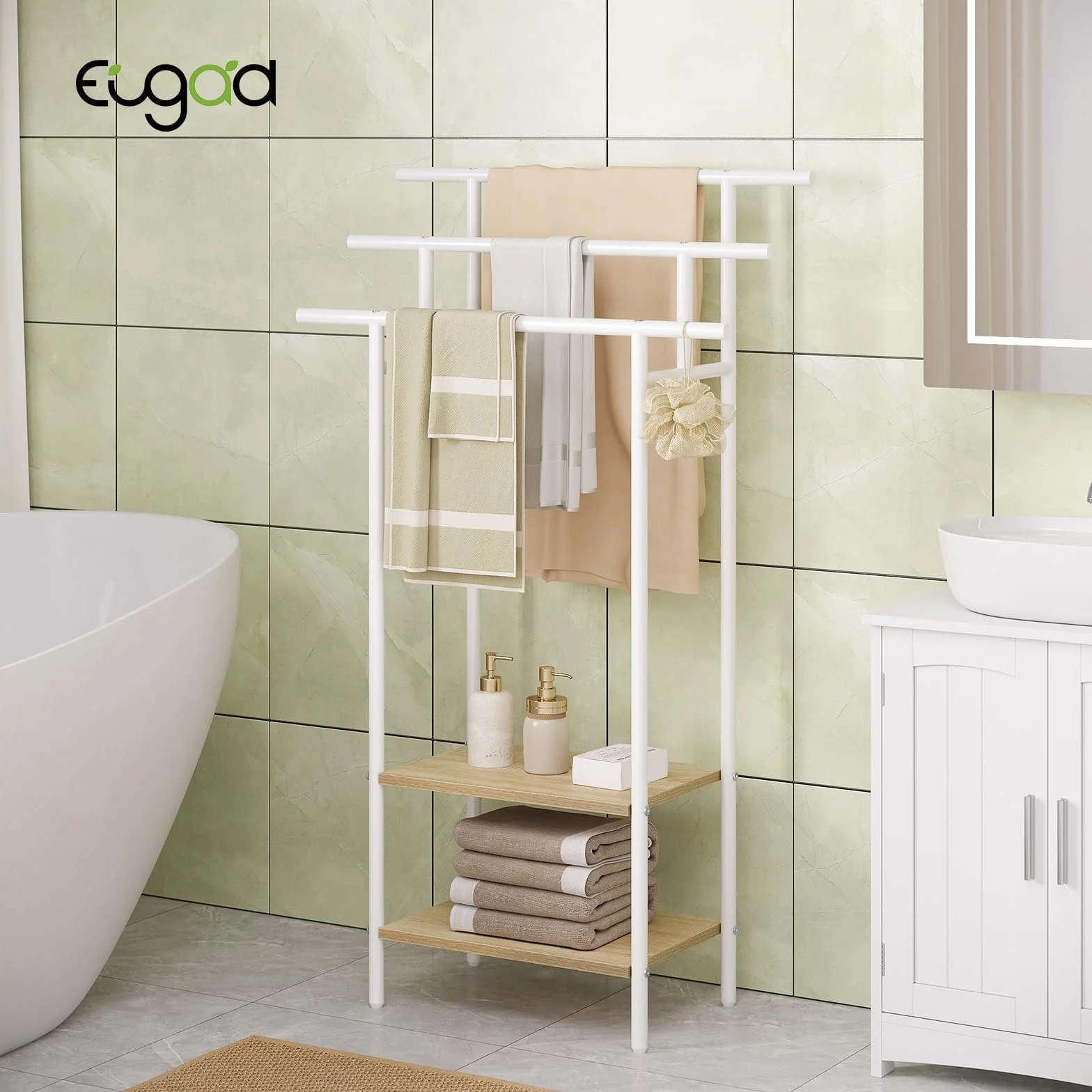 Portasciugamani Indipendente a 3 Livelli, Metallo Bianco + Legno Massello Effetto Rovere