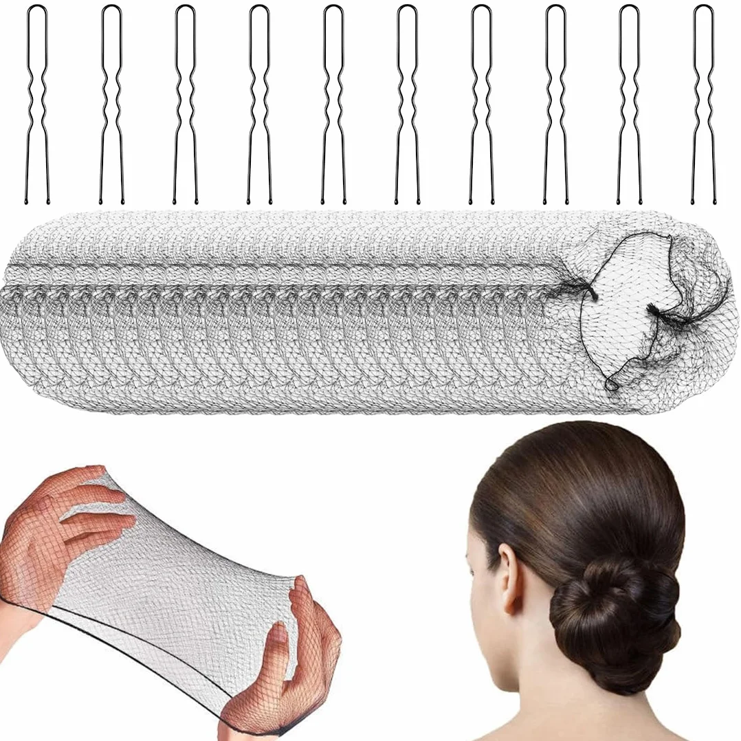 Ciambelle per chignon,Questa confezione contiene 24 retine per capelli invisibili e 10 fermagli per capelli a forma di U, appositamente progettati per fissare parrucche e chignon da bambina.