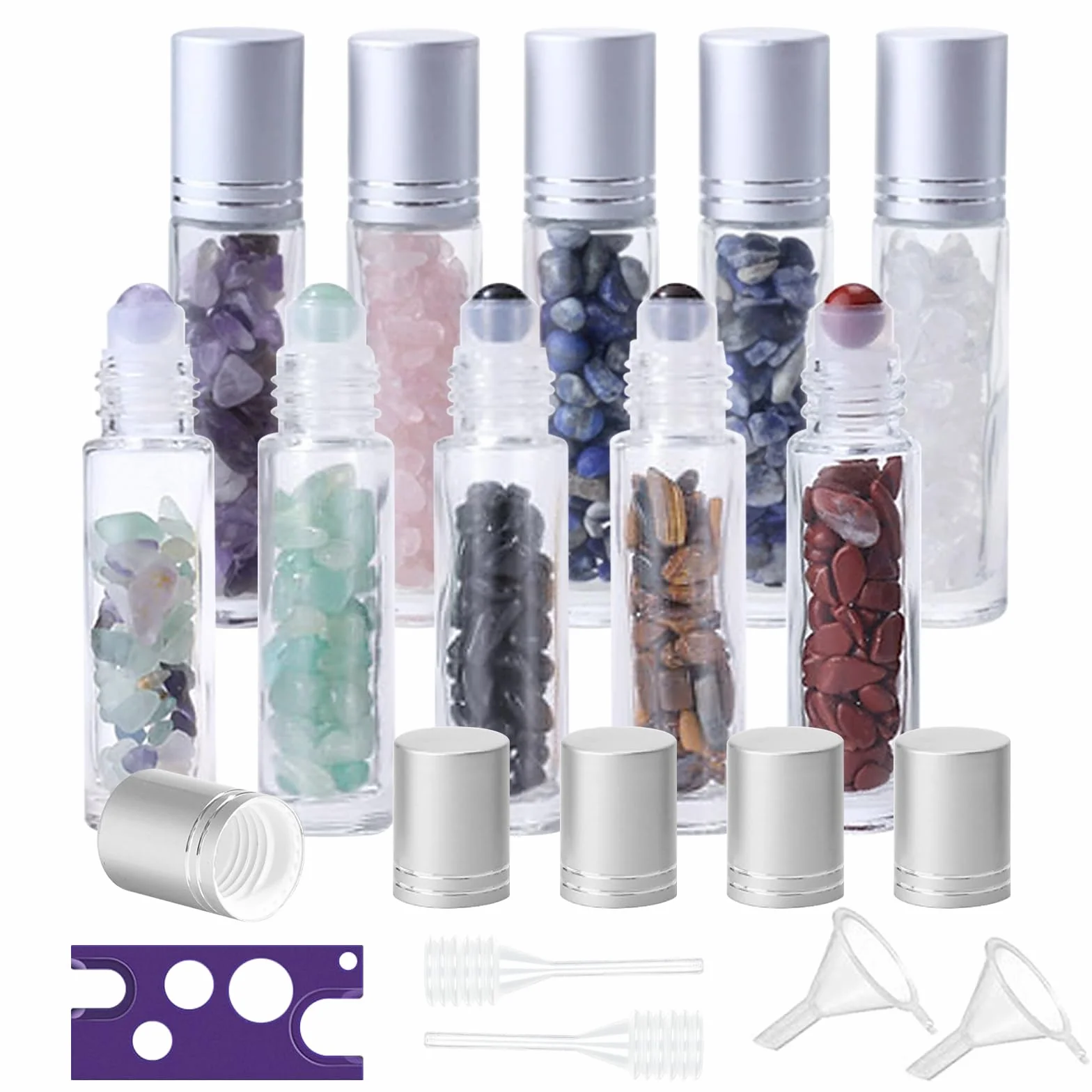 Bottiglie di olio essenziale in pietra preziosa, 10 pezzi, 10 ml, sfere di cristallo, rullo olio per massaggi e profumi