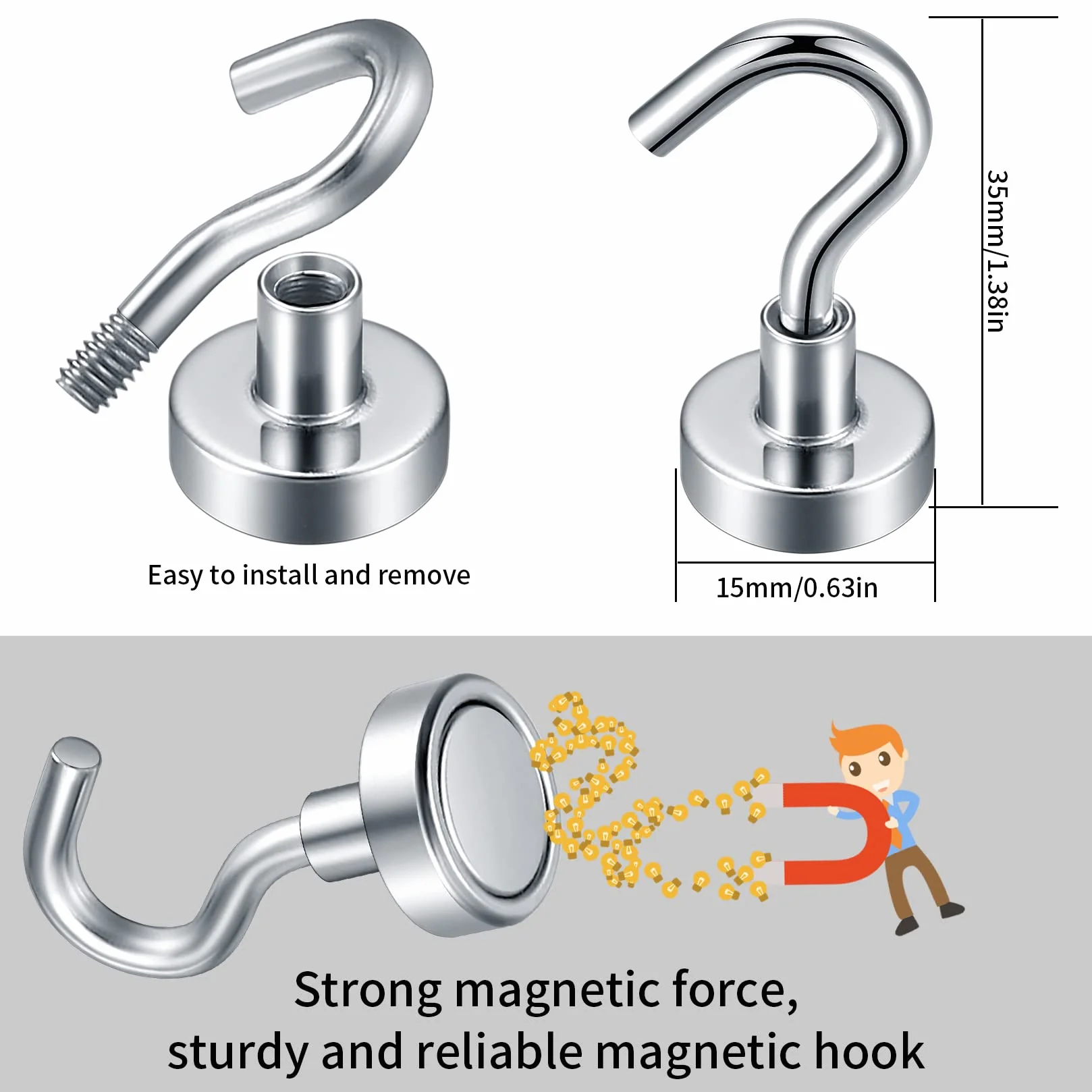 Ganci Magnetici Extra Forti 10 Pezzi, Magnete Neodimio Potente, Supporto Gancio Argento per Soffitto Frigorifero