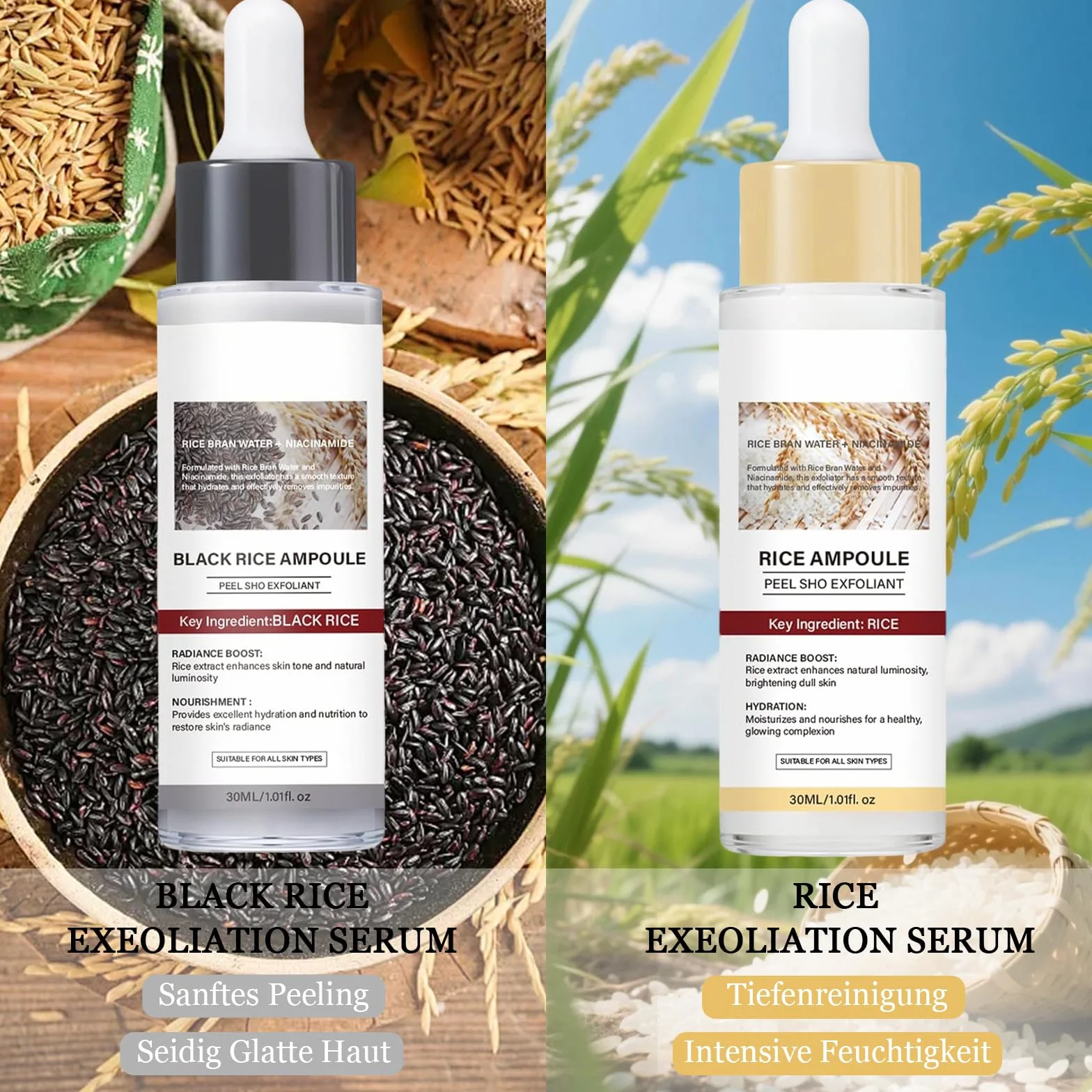 Peel Shot Glow Rice Ampoule Duo, 2PCS Siero Coreano Esfoliante al Riso Bianco & Nero, Delicato Viso Peeling, Rimuove Cellule Morte, Elimina Punti Neri, Pulisce Pori, Idrata Profondo