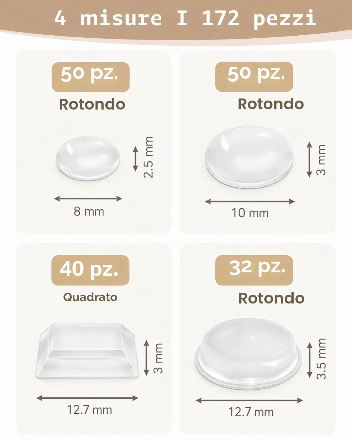 Ammortizzatore di Colpi in Silicone Trasparente Autoadesivo per Porte Mobili Cassetti Armadietti (8-12.7mm)