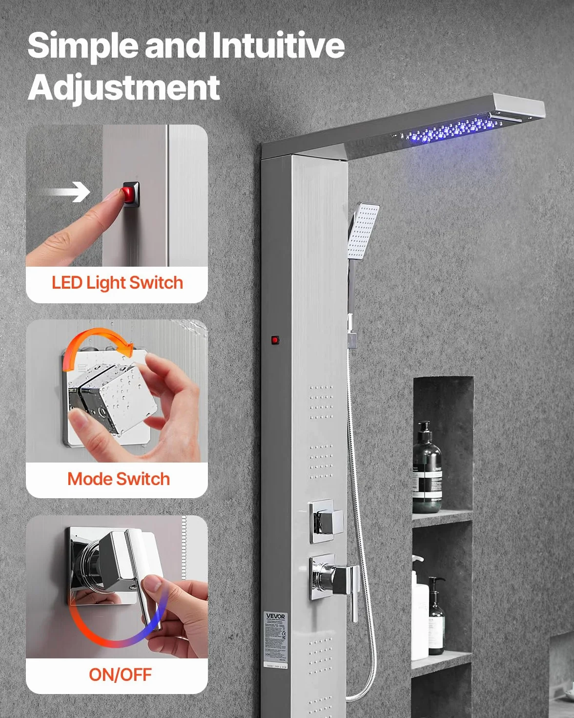 VEVOR Pannello Doccia a Torre con Soffione a Cascata LED, Colonna Doccia in Acciaio Inox Spazzolato 1345 mm, Rubinetto 5 Funzioni con Doccetta e Beccuccio per Vasca