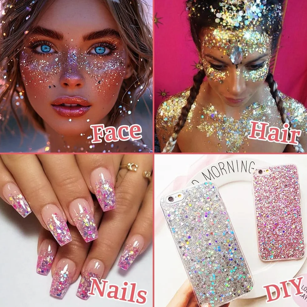 Glitter Corpo Gel, 6 Pezzi Gel Sequins Shimmer, Chunky Glitter Gel Glitter per Corpo, Viso, Capelli, Unghie, Chunky Glitter Decorazione per Musica, Festival, in Maschera(B）