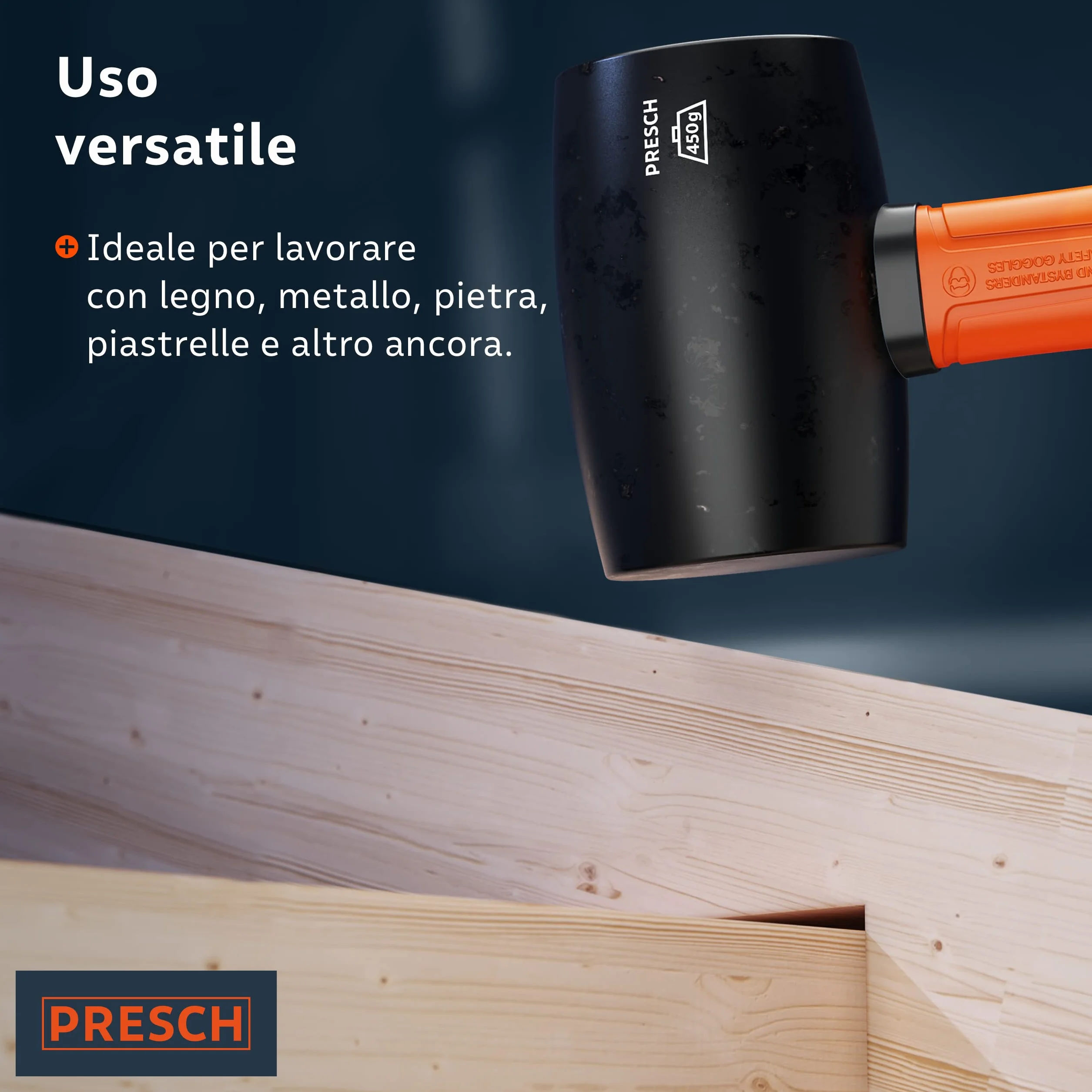 Presch Martello di gomma 450 g Mazza con manico in fibra di vetro ⌀ 55 mm Testa in materiale naturale per esterni