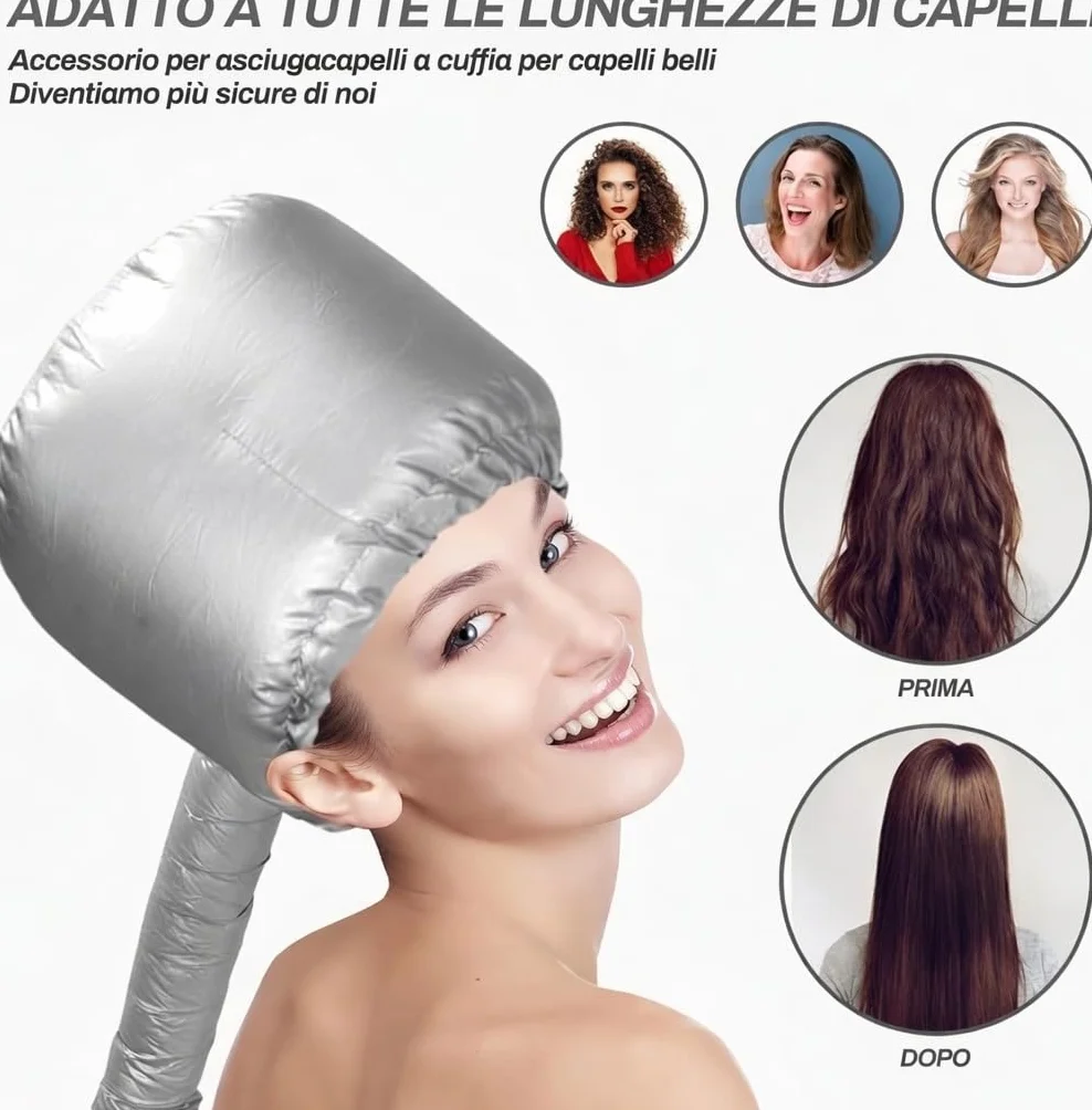 Casco per asciugatura cuffia asciugacapelli elastico attacco a phon grigio portatile professionale capelli ricci