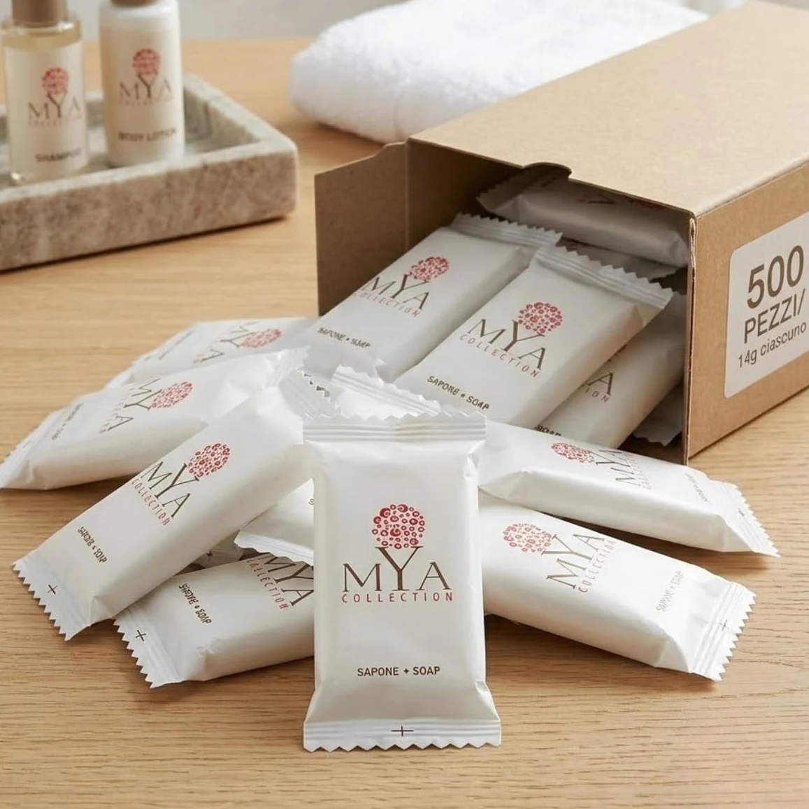 Mya Collection Sapone Rettangolare Monodose per Hotel e B&B 500 Bustine Flowpack da 14g, Saponette Linea Cortesia