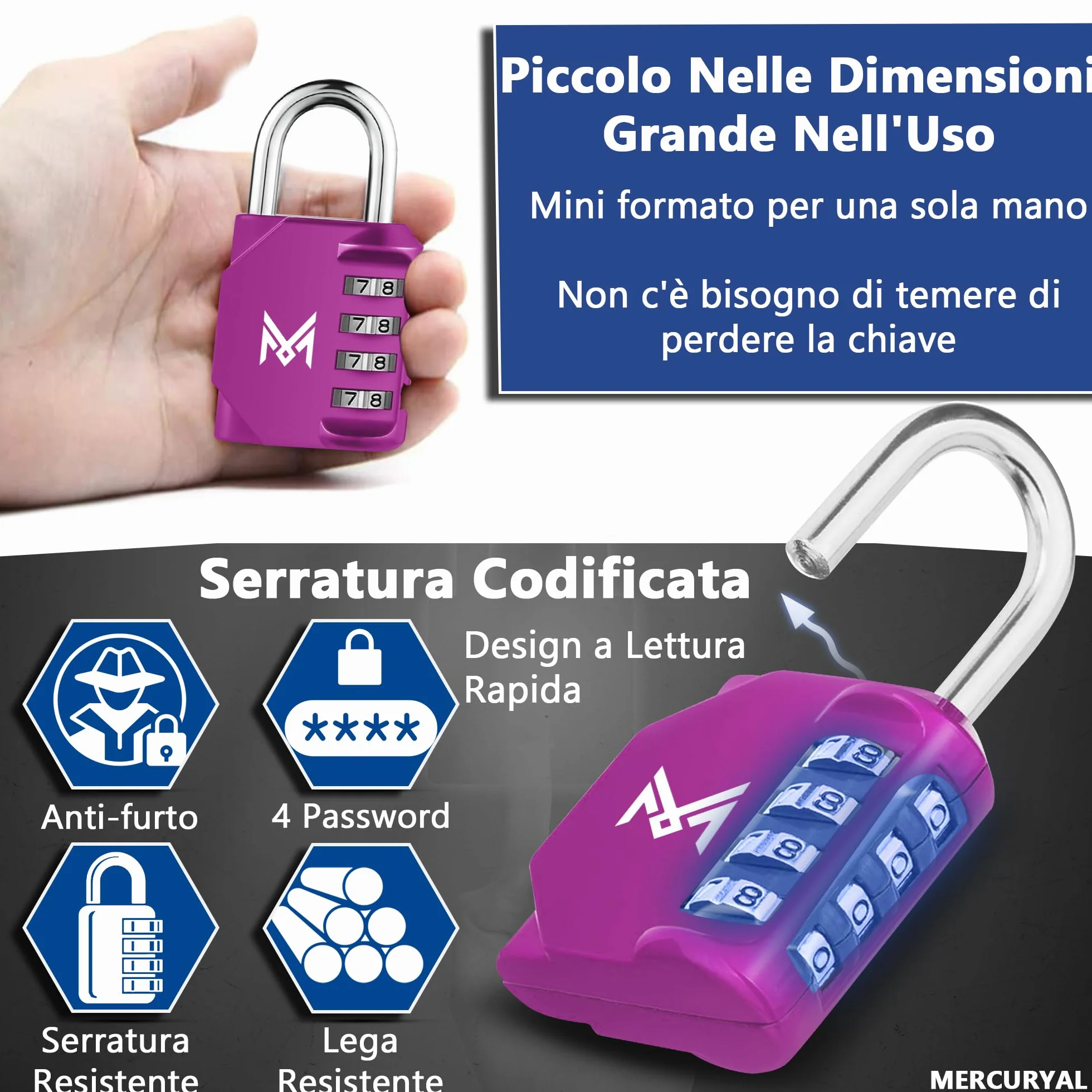 MERCURYAL Lucchetto Combinazione Impermeabile 4 Cifre per Armadietto Palestra Rosa