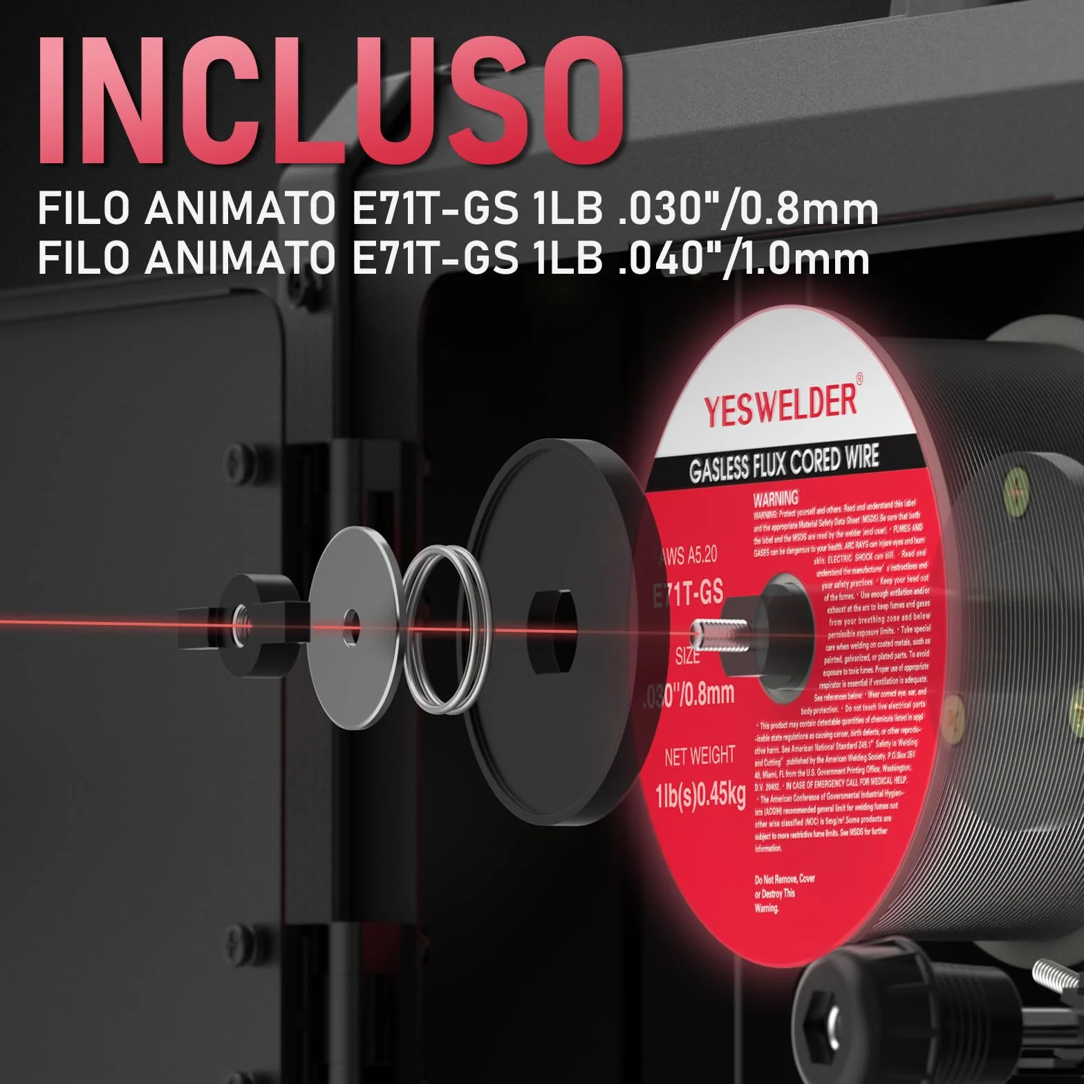 YESWELDER 135Amp Saldatrice MIG Senza Gas 230V 3-in-1 Saldatore LED con 2 Confezioni Filo