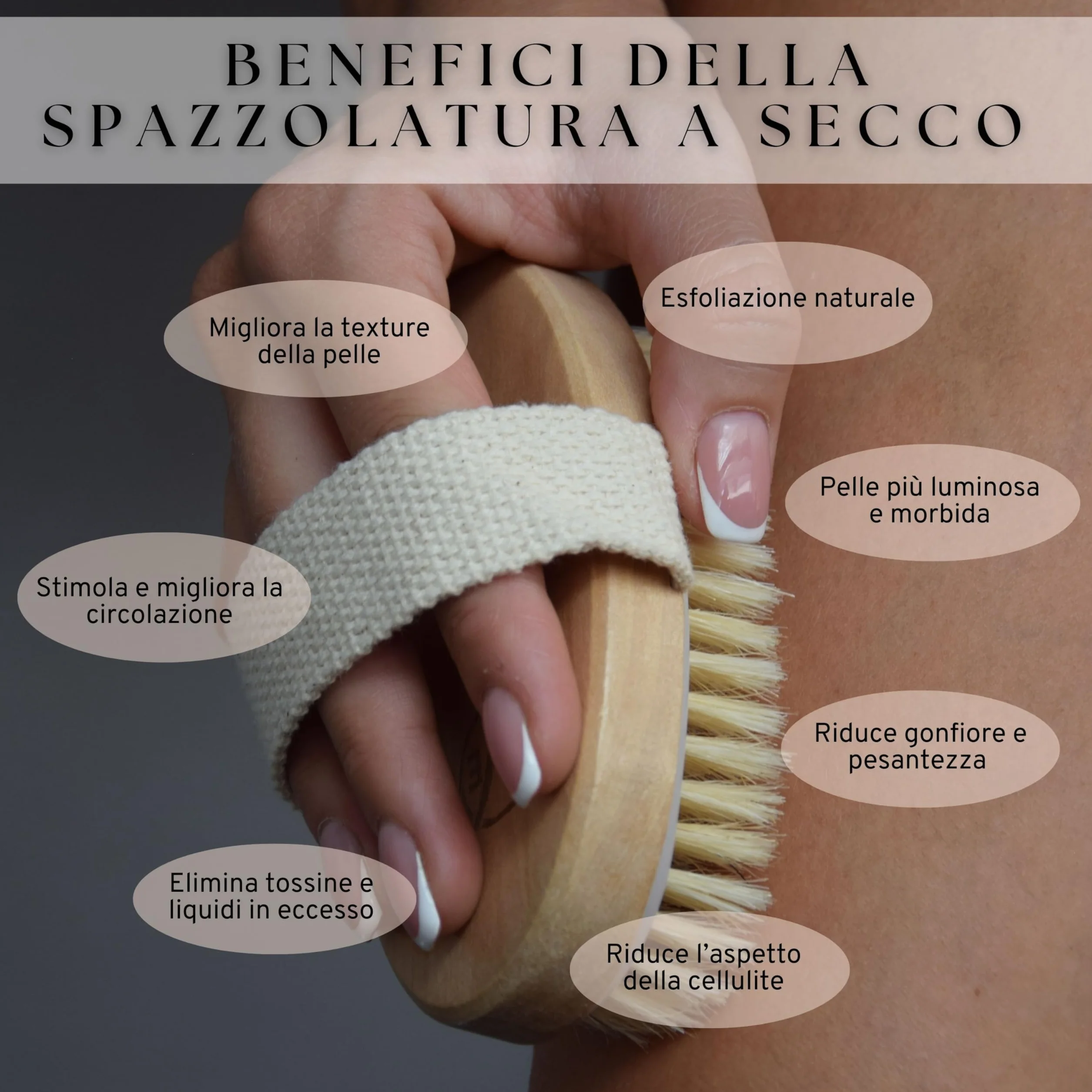 Spazzola Corpo a Secco Setole Naturali e GUIDA al Dry Brushing Corpo - Spazzola cellulite - Spazzola a Secco Corpo Esfoliante per una Pelle subito Liscia e Tonica Stimola la Circolazione