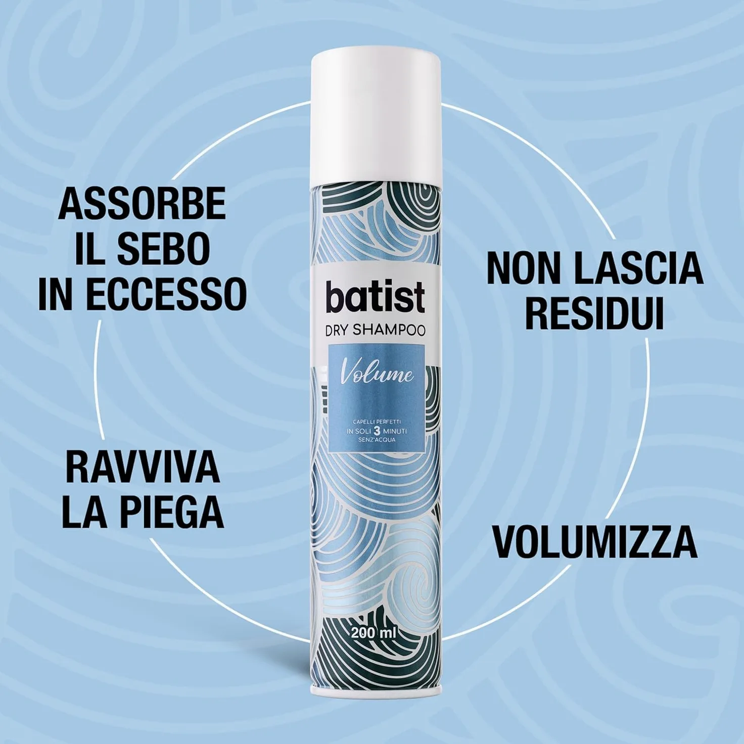 3 x shampoo Batist Volume Dry Shampoo secco per capelli strutturati e voluminosi in 3 minuti, senza acqua, per tutti i capelli, 200 ml + portachiavi Beni Culinari gratuito
