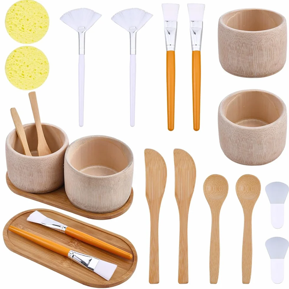 WEBEEDY 15 pezzi in bambù per estetista comprendente ciotole per maschere, spazzole a ventaglio, spazzole piatte per viso, spatole per maschere, spugne per viso e cucchiai, set di ciotole maschere