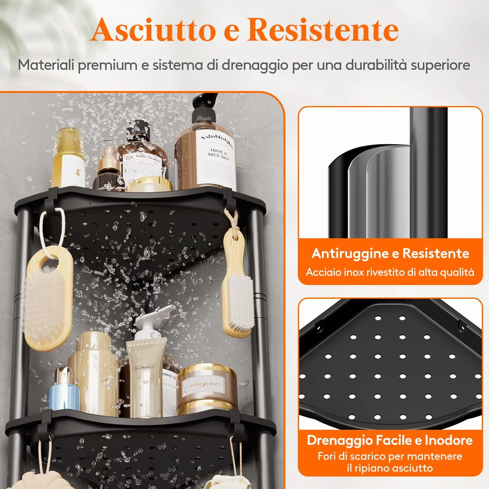 Mensola Doccia a 4 Livelli senza Foratura, Organizzatore Angolo per Bagno in Plastica, Nero 34cm