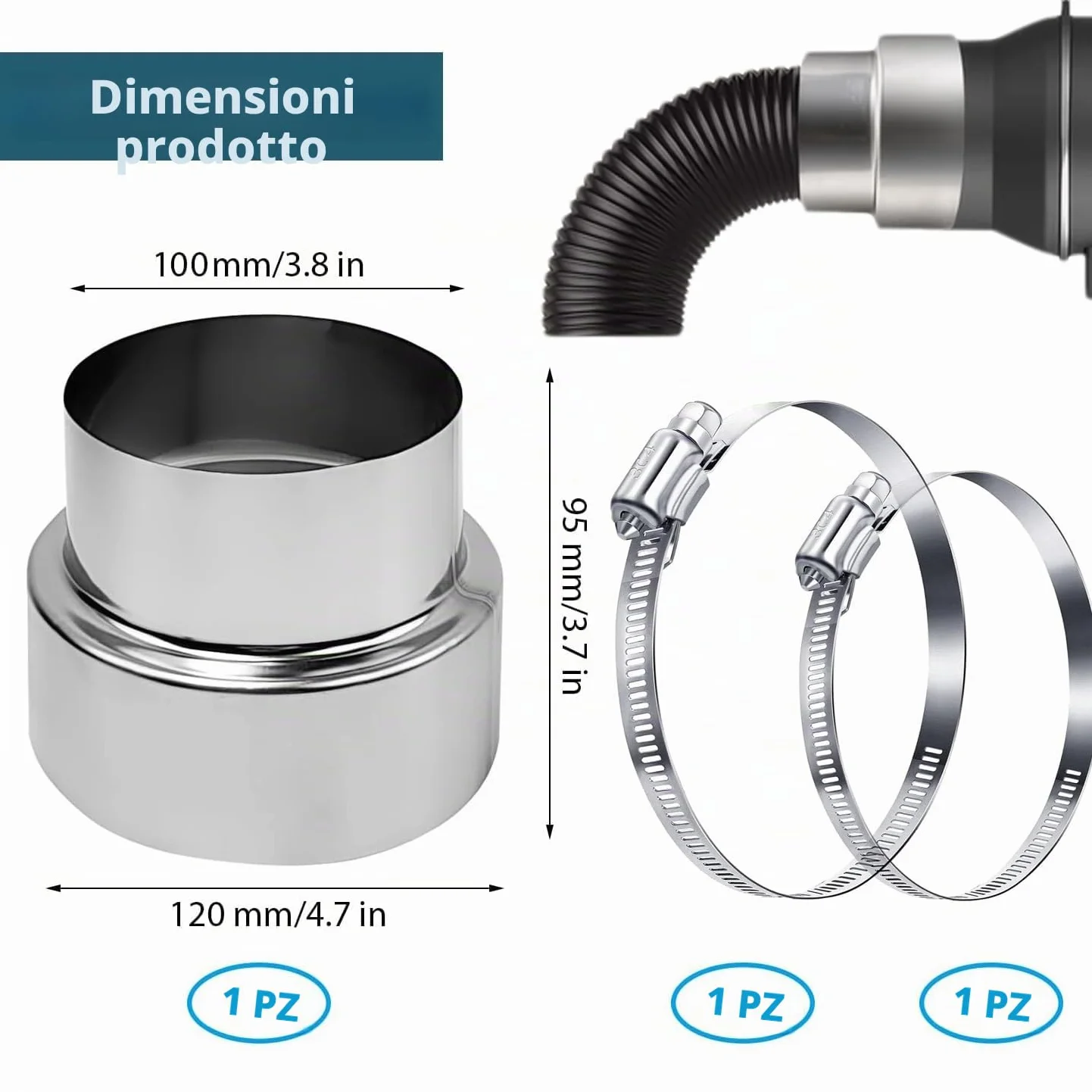 Riduzione canna fumaria 120 mm a 100 mm Tubo Stufa Riduttore Acciaio Inox Soffiato Scarico con 2 fascette