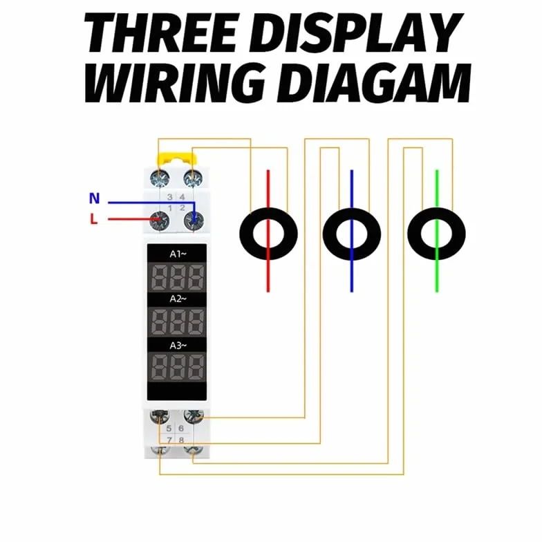 Amperometro Trifase con Montaggio su Guida DIN, Display Digitale LED, ABS