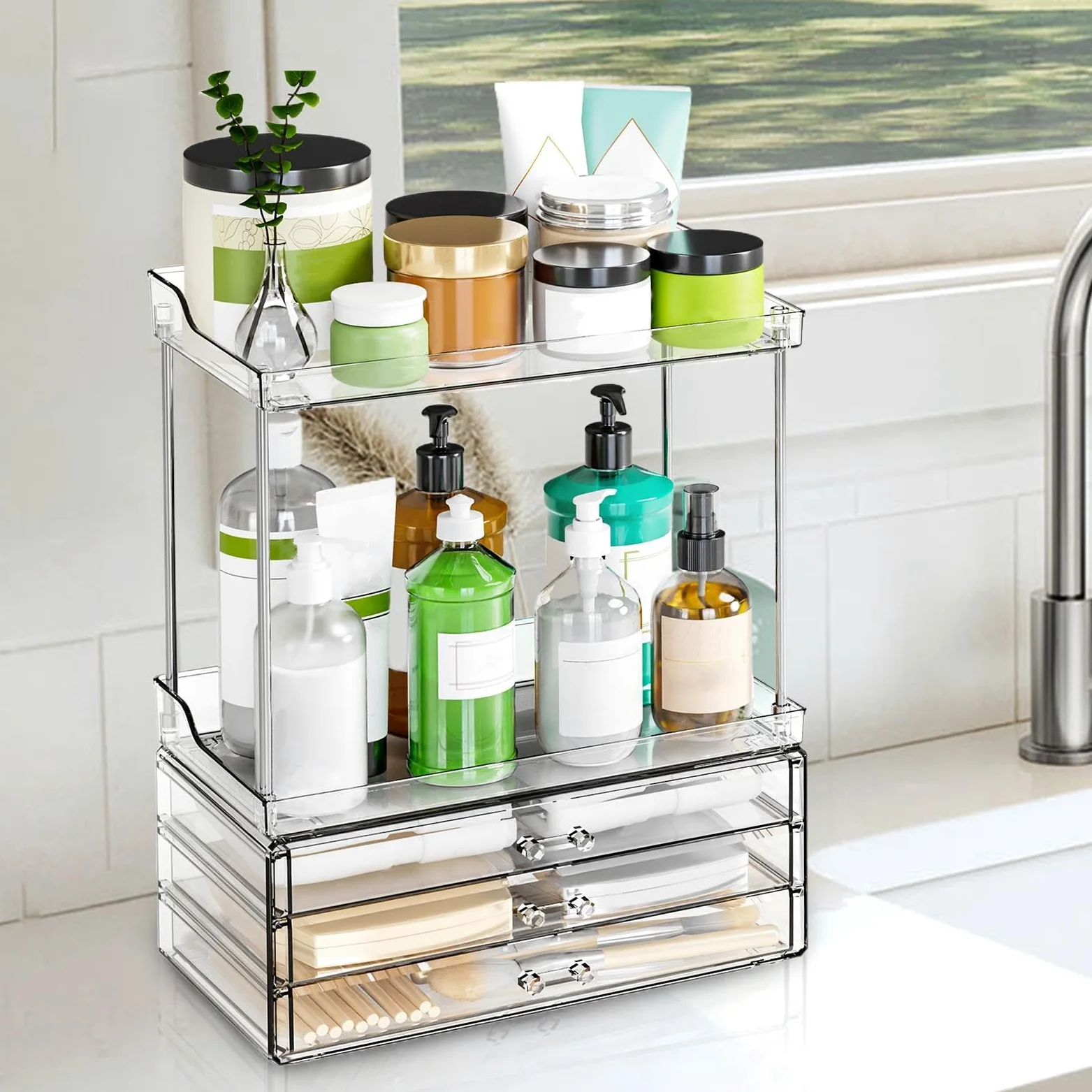 Organizer per trucchi con cassetti, supporto a 2 ripiani con cassetti, multiuso, organizer per articoli da toeletta per toeletta, cucina, camera da