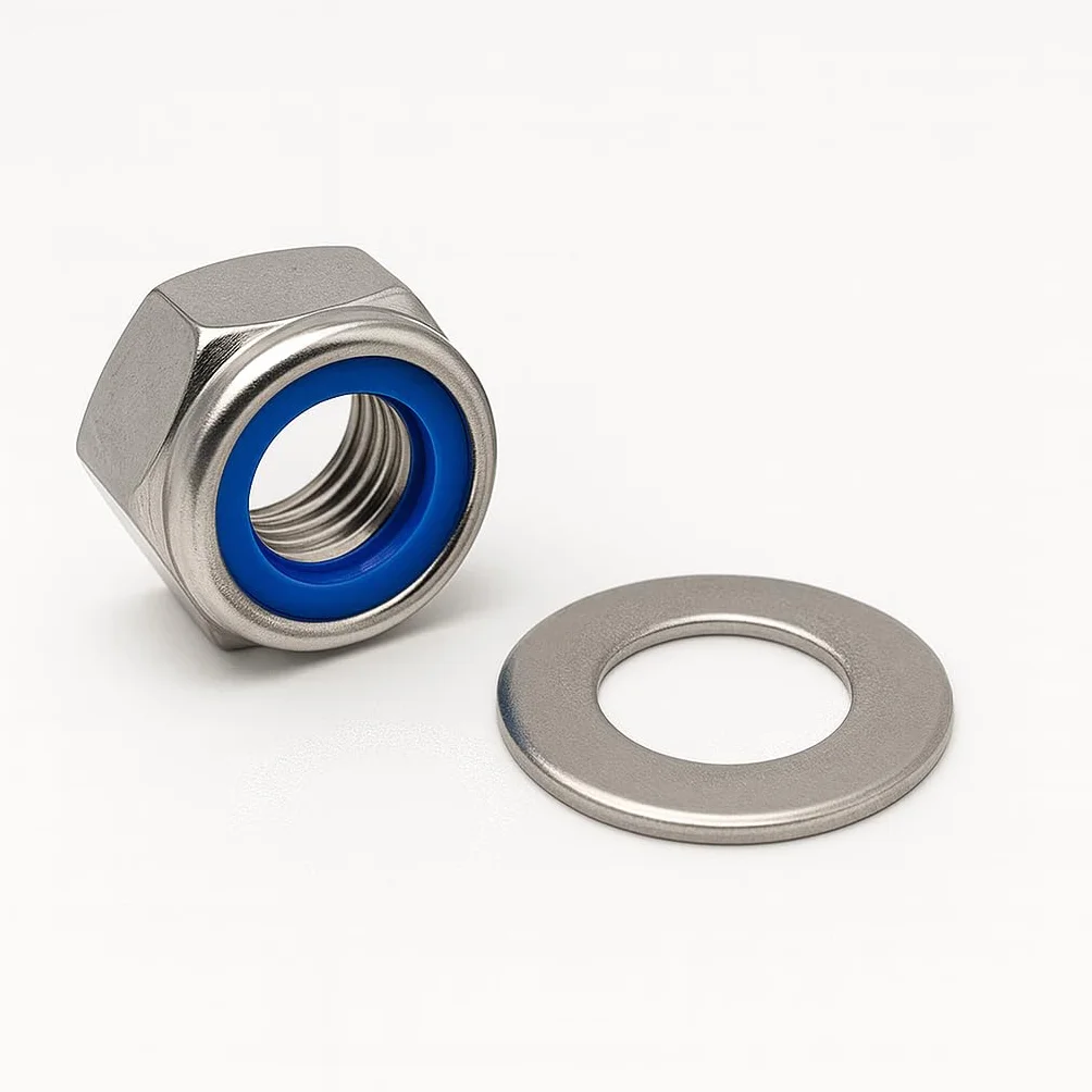 Dadi esagonali autobloccanti DIN 985 M8 A2 acciaio inox AISI 304 con rondelle piane DIN 125