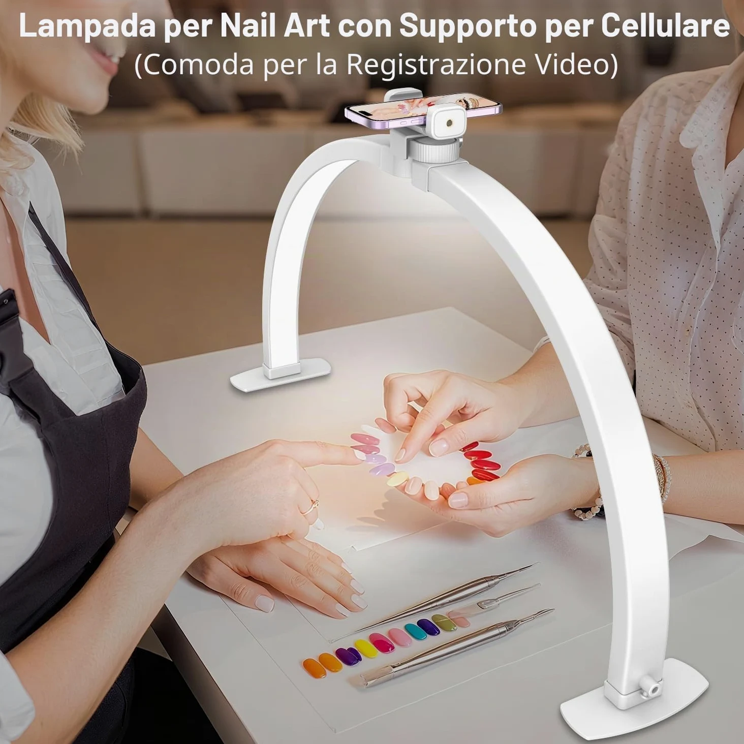 yAyusi Mezza Luna Lampada, 74CM 35W Pieghevole Lampada da Tavolo per Unghie con Supporto per Cellulare, 3 Modalità, 10 Livelli di Luminosità Regolabili, Adatti per Bellezza/Nail Art/Tatuaggio